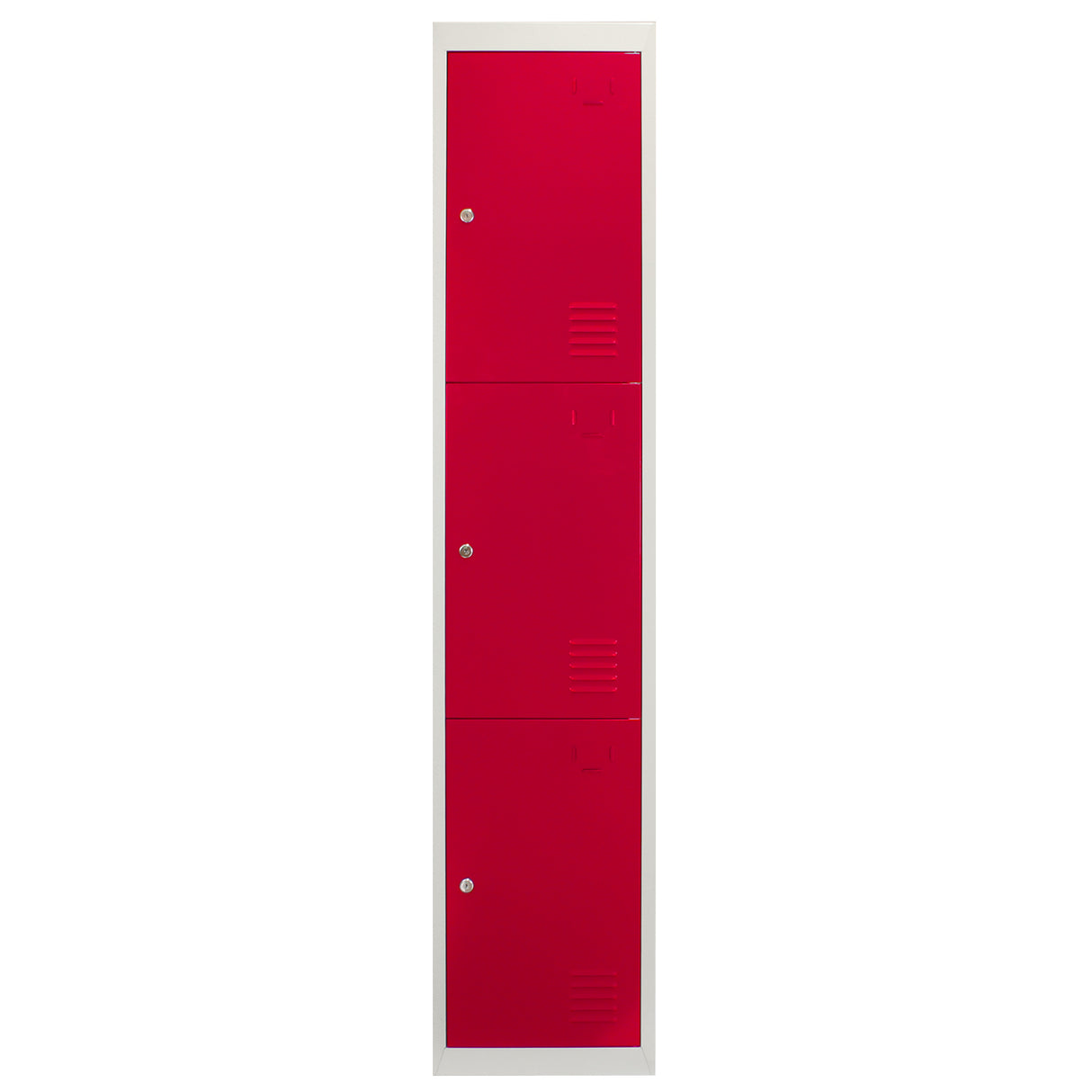 Casier de rangement en acier rouge à trois portes, finition lisse, avec des aérations et des poignées argentées élégantes