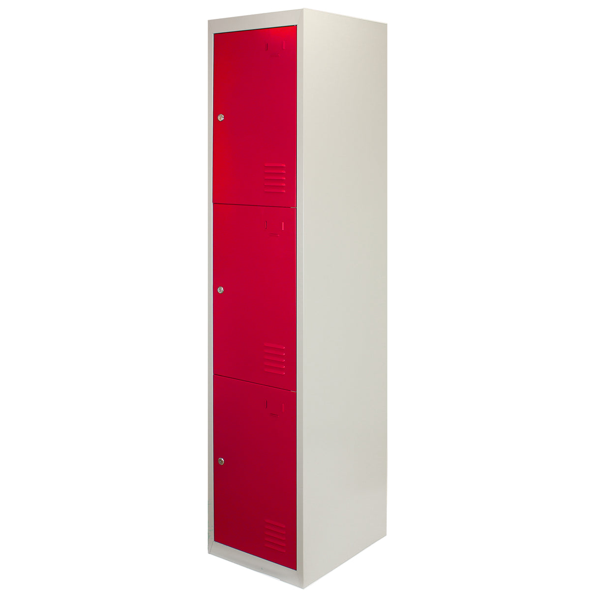 Casier de rangement en acier avec trois portes rouges, finition lisse, design moderne, idéal pour le stockage dans les espaces de travail ou de loisirs