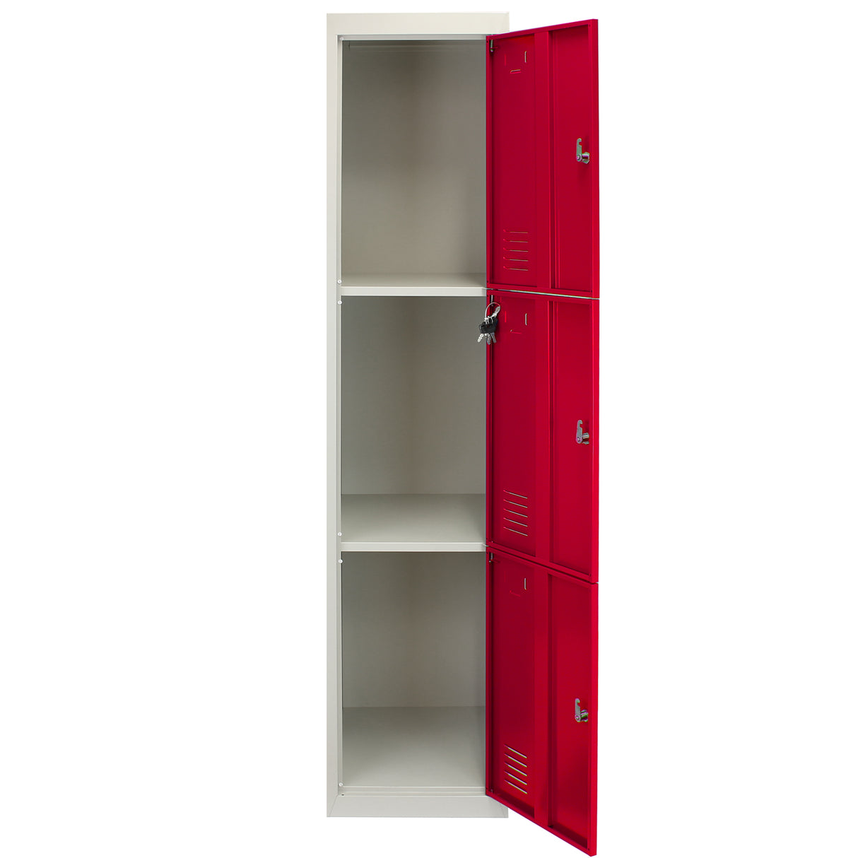 Casier de rangement en acier rouge avec trois portes, intérieur gris clair, finition lisse et moderne, idéal pour le stockage organisé