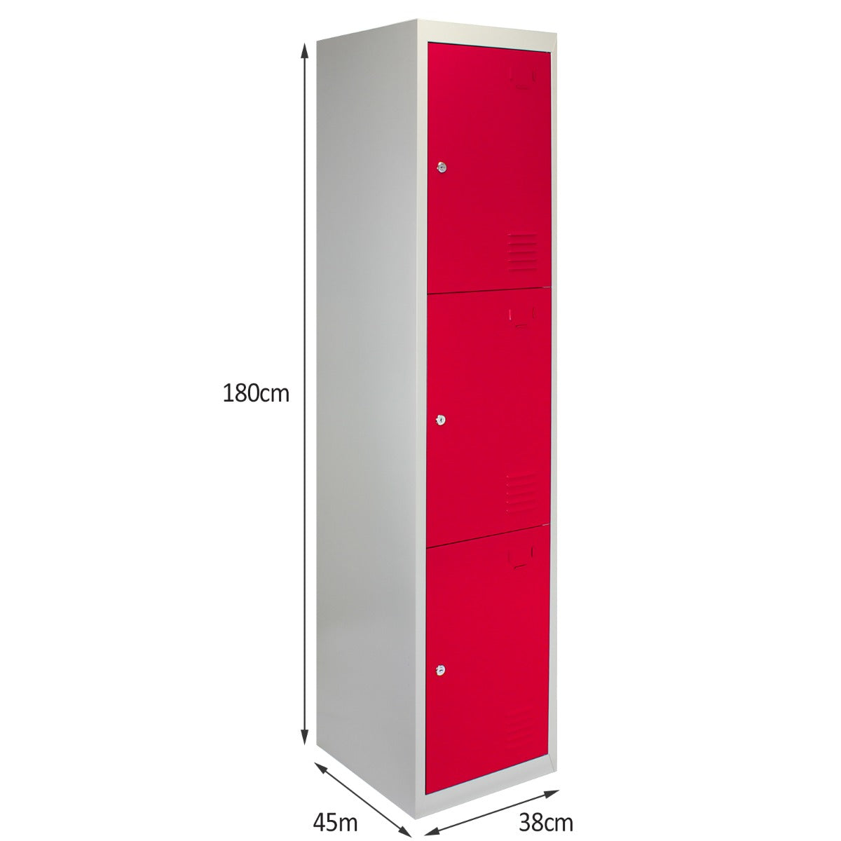 Casier de rangement en acier rouge à trois portes, dimensions 180 cm de hauteur, 45 cm de largeur, 38 cm de profondeur, finition lisse et moderne