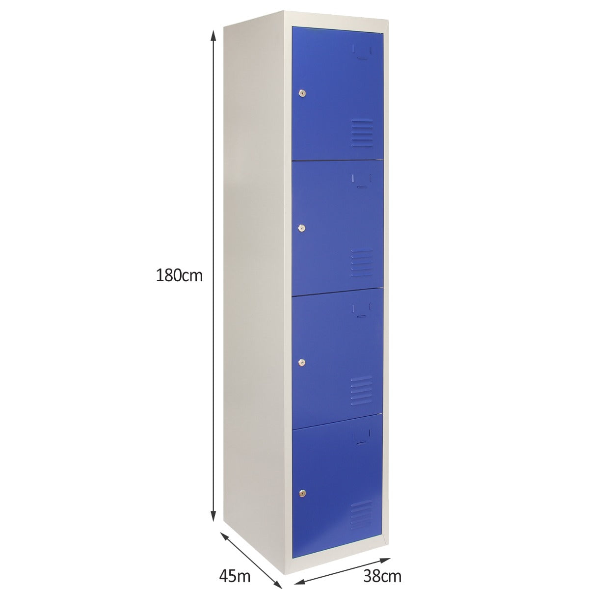 Casier de rangement en acier bleu à quatre portes, finition lisse, dimensions de 180 cm de hauteur, 45 cm de largeur et 38 cm de profondeur