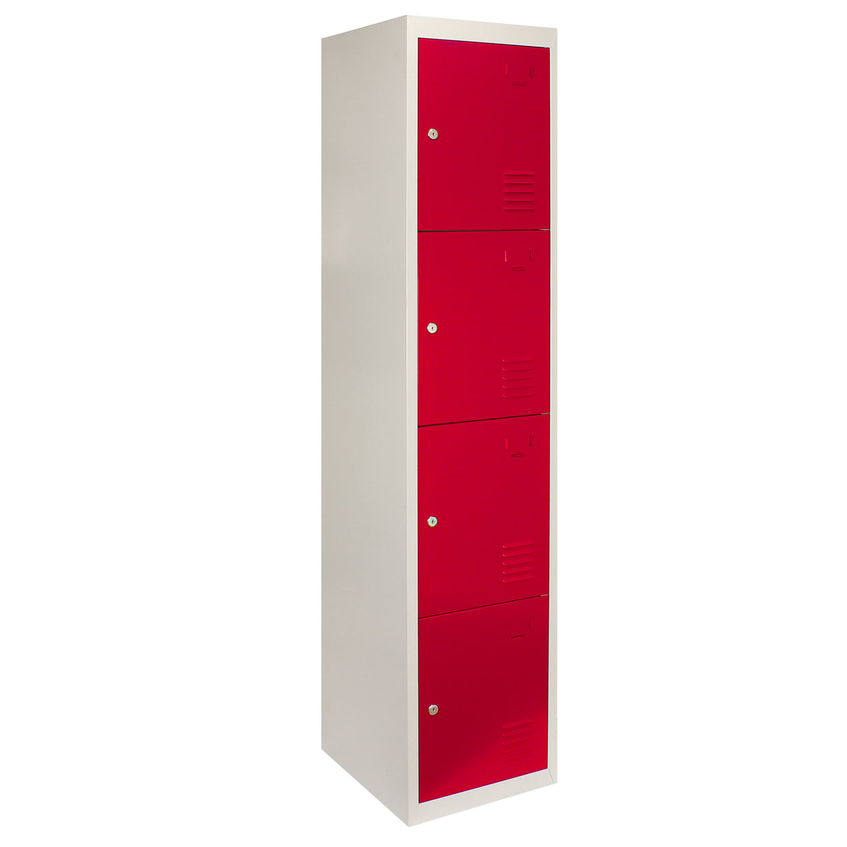 Casier de rangement en acier rouge à quatre portes, finition lisse, design moderne, idéal pour le stockage dans divers espaces