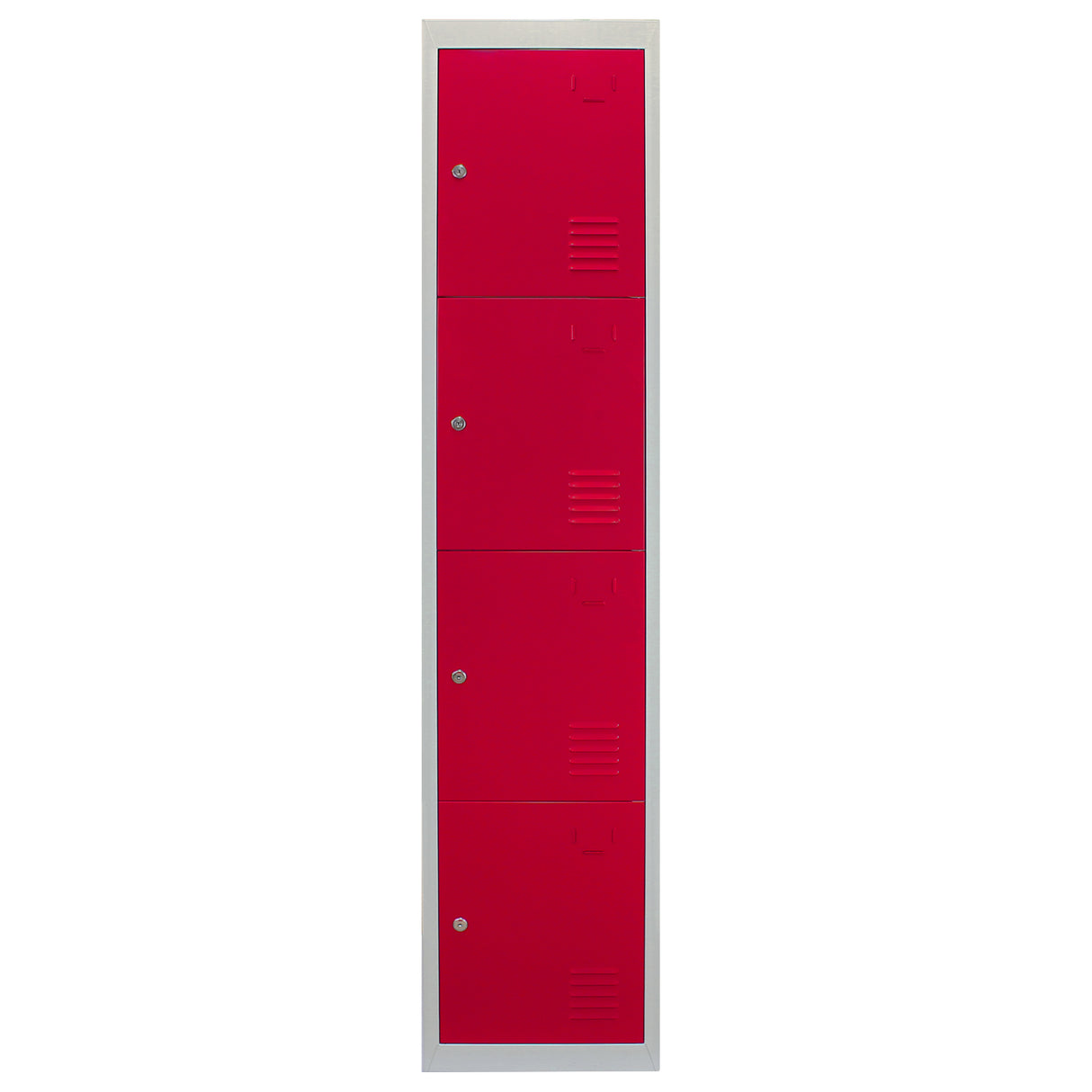 Casier de rangement en acier rouge à quatre portes, finition lisse, avec des poignées et des aérations sur chaque porte