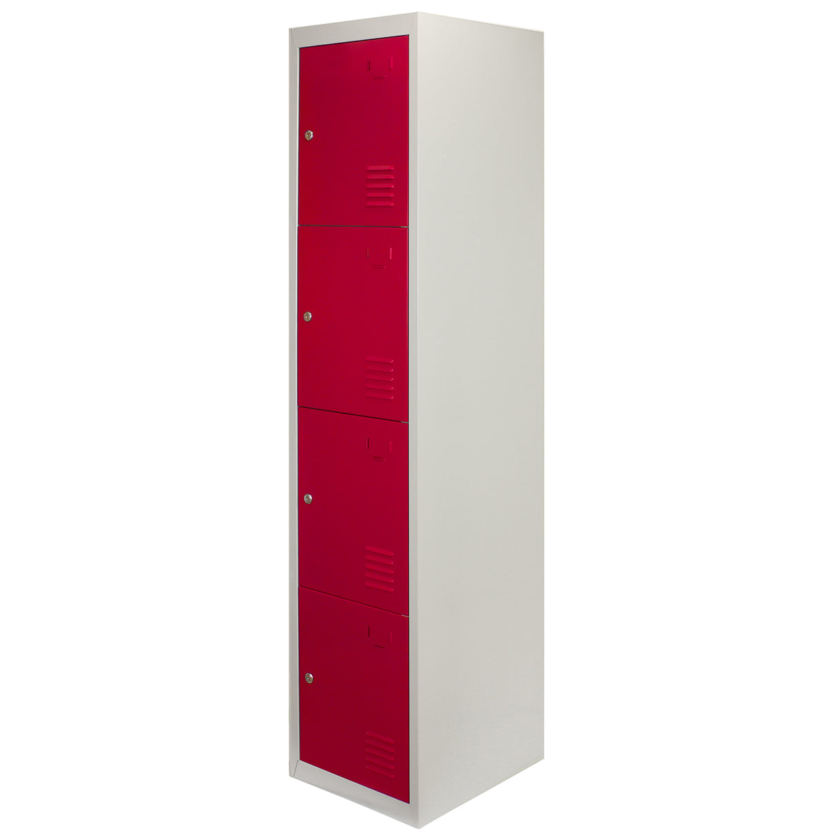 Casier de rangement en acier avec quatre portes rouges, finition lisse, design moderne et robuste, idéal pour le stockage organisé