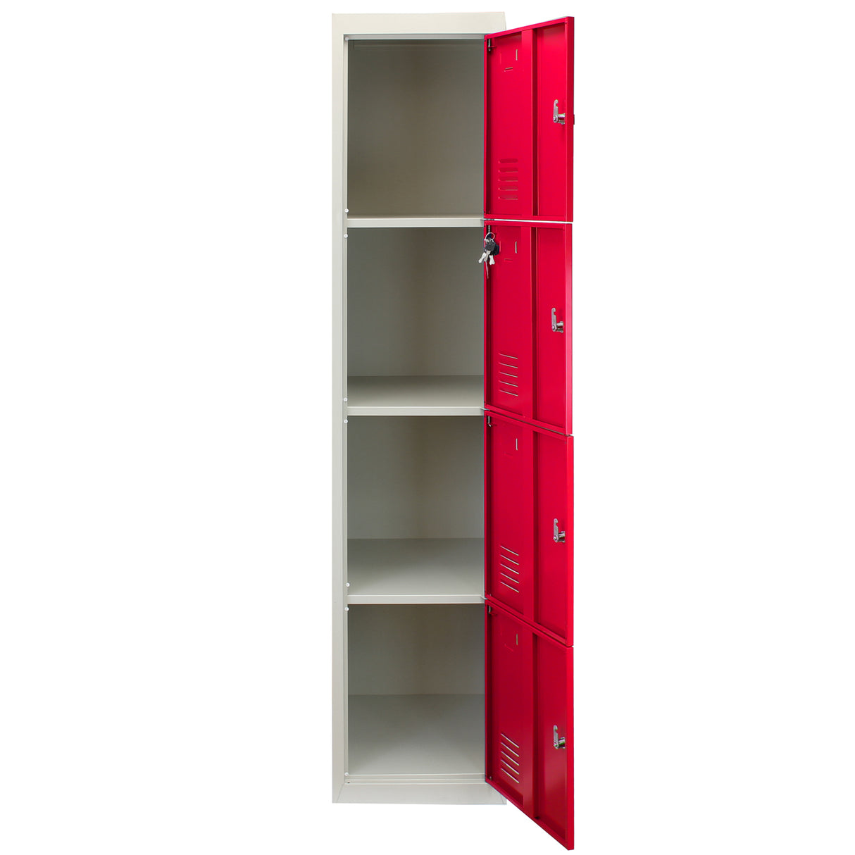 Casier de rangement en acier rouge avec quatre portes, intérieur spacieux et étagères, finition lisse et moderne, idéal pour le stockage