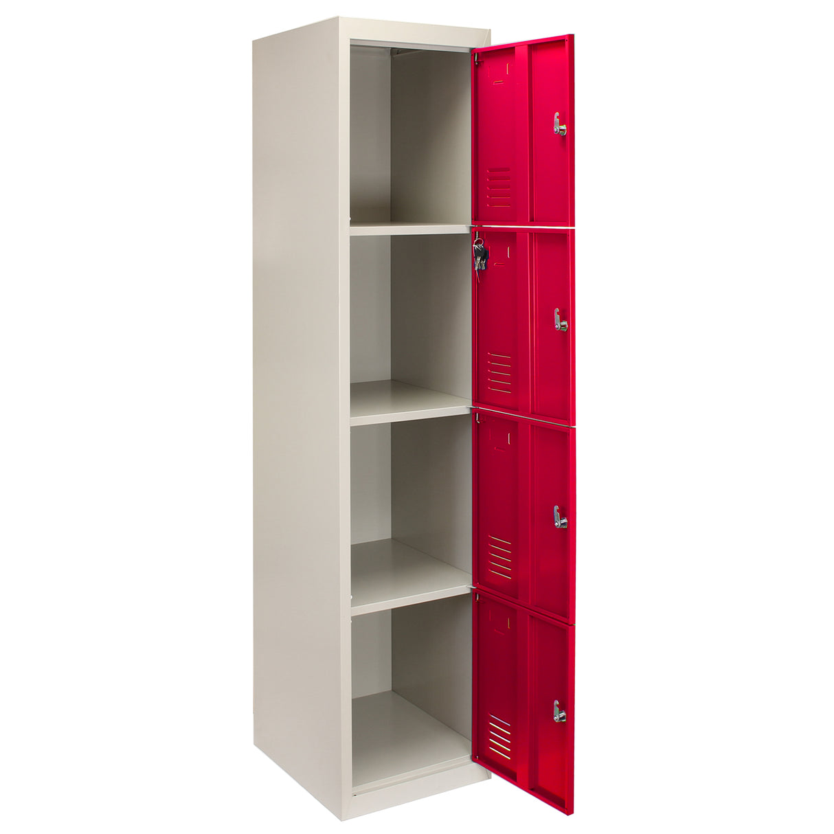 Casier de rangement en acier rouge avec quatre portes, intérieur spacieux et étagères, finition lisse et moderne, idéal pour le stockage