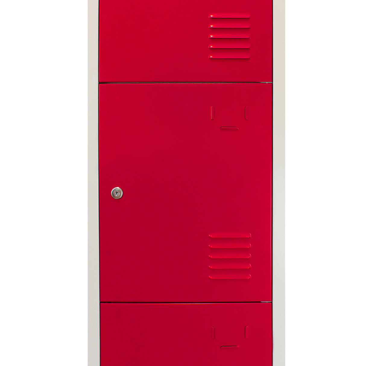 Casier de rangement en acier rouge vif avec quatre portes, finition lisse, détails en relief et serrure métallique argentée