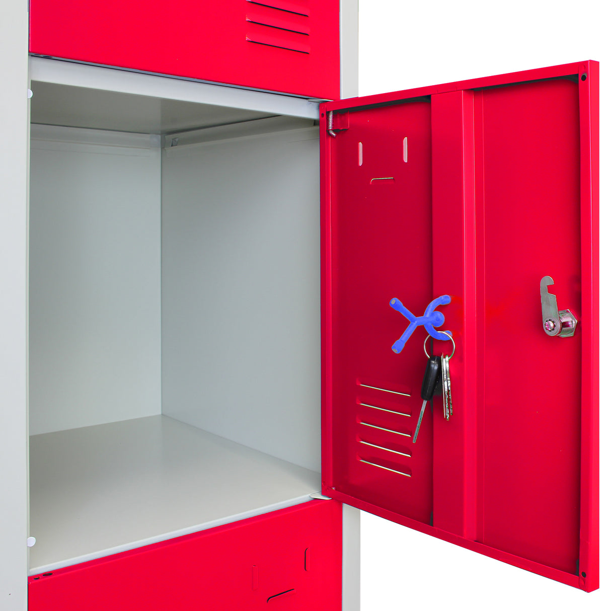 Casier de rangement en acier rouge avec quatre portes, intérieur spacieux et clé bleue, finition lisse et moderne