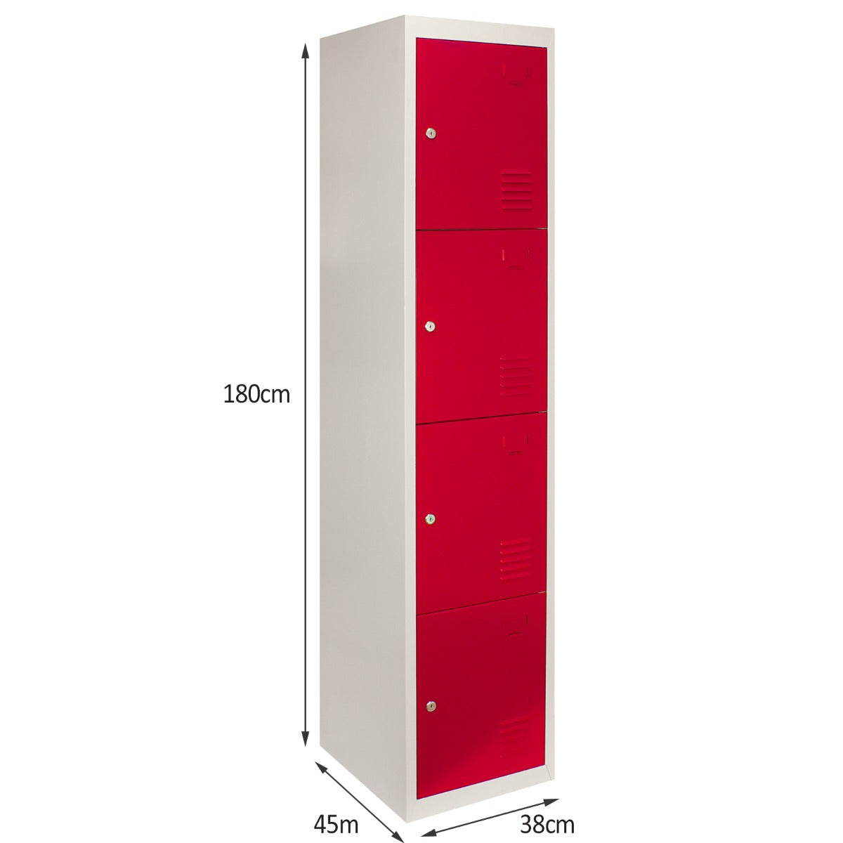 Casier de rangement en acier rouge à quatre portes, design moderne, dimensions de 180 cm de hauteur, 45 cm de largeur et 38 cm de profondeur