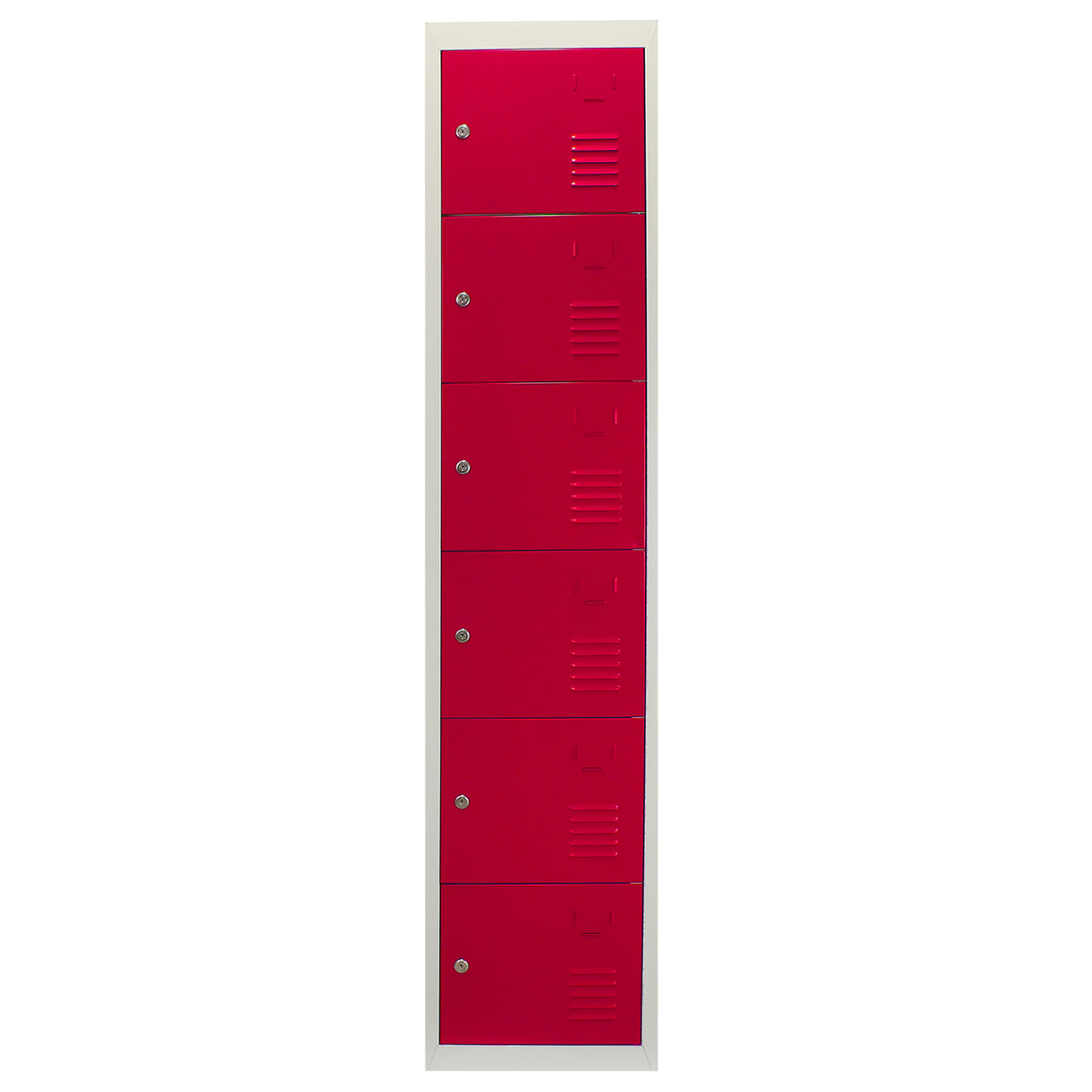 Casier de rangement en acier rouge à six portes, finition lisse, design vertical, avec serrures et ventilation intégrée