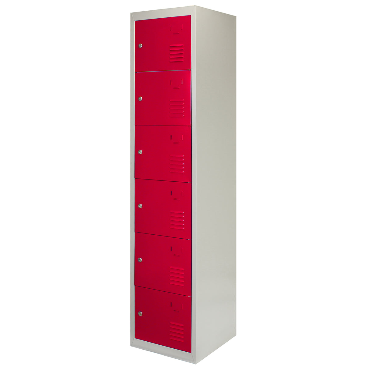 Casier de rangement en acier rouge à six portes, finition lisse, design vertical, idéal pour le stockage dans les espaces restreints