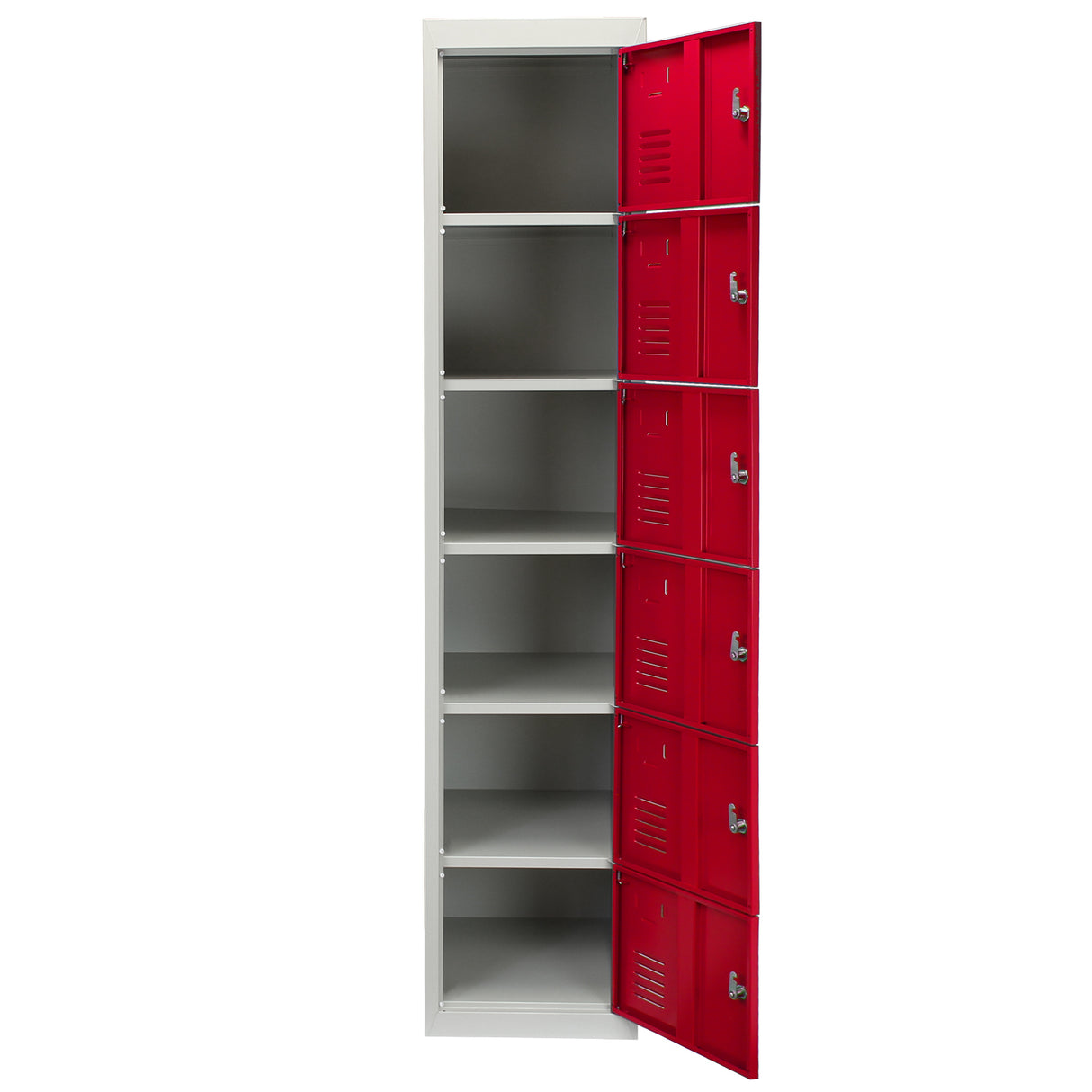 Casier de rangement en acier rouge avec six portes, finition lisse, intérieur spacieux et étagères ajustables pour un rangement optimal