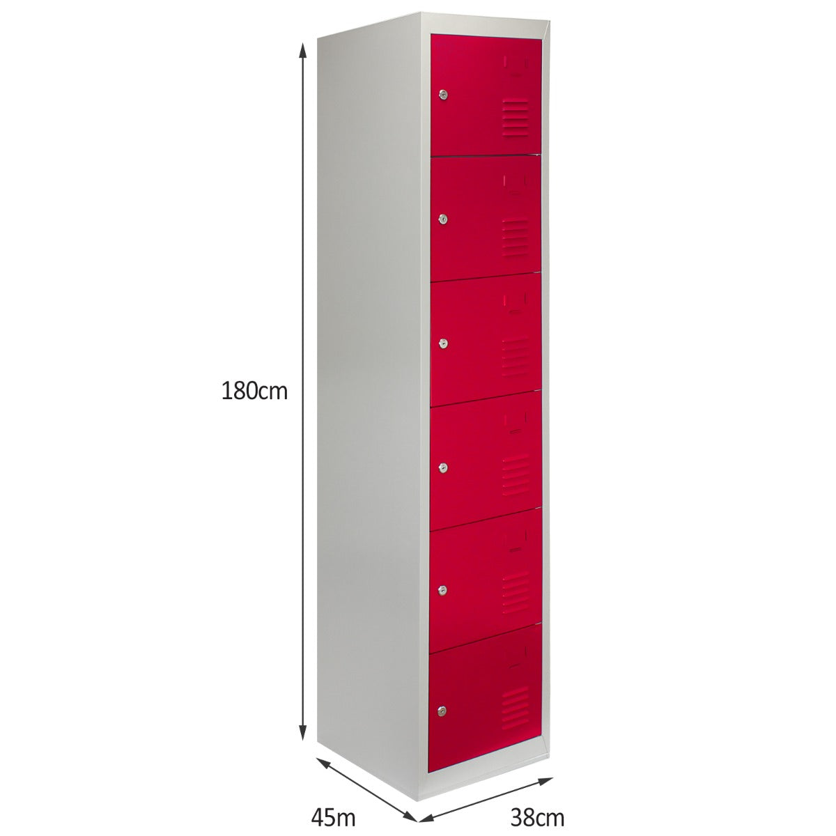 Casier de rangement en acier rouge à six portes, finition lisse, dimensions 180 cm de hauteur, 45 cm de largeur, 38 cm de profondeur