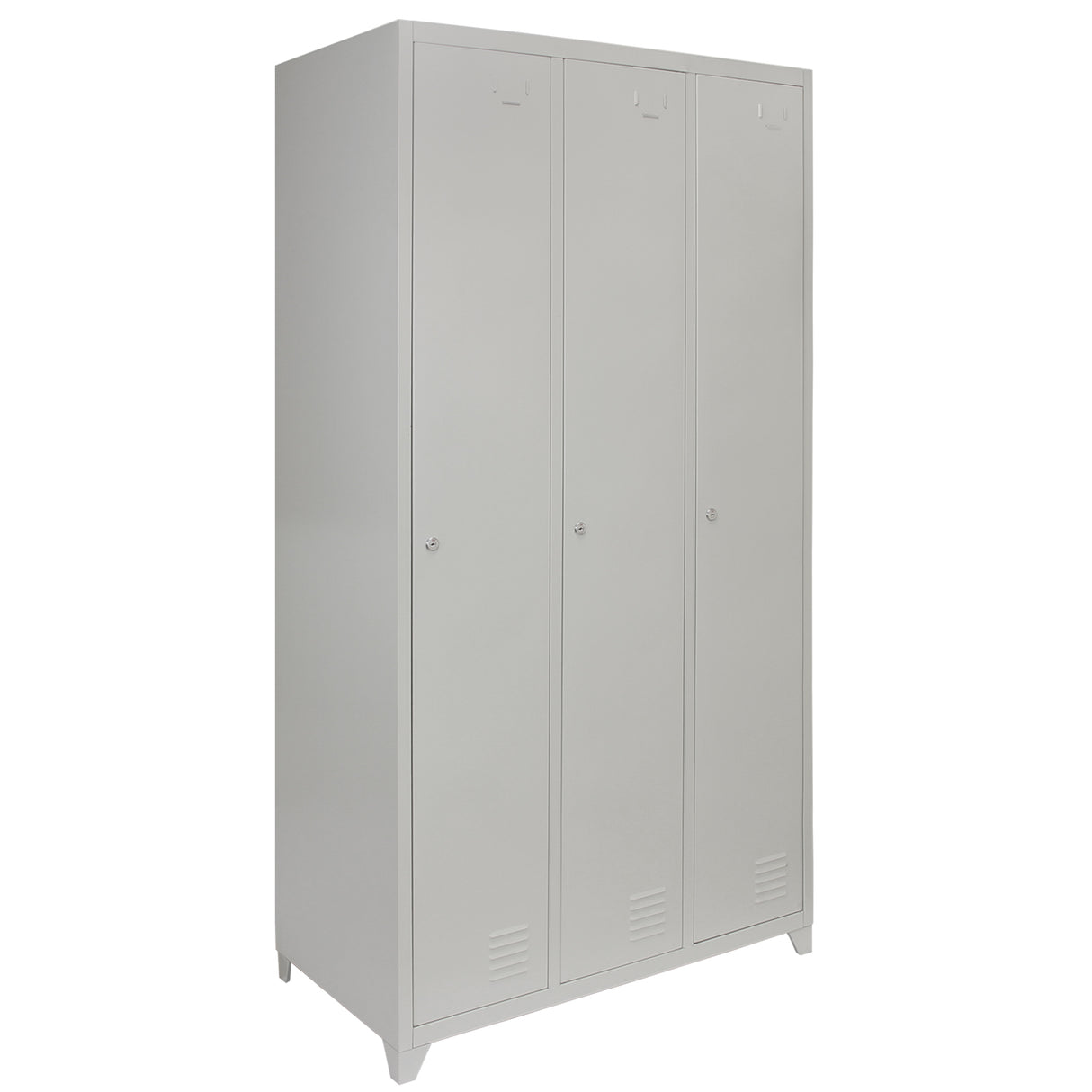 Casier de rangement en acier gris avec trois portes, finition lisse, design moderne et robuste, idéal pour le stockage organisé