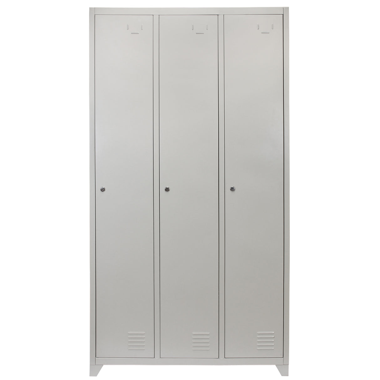 Casier de rangement en acier gris avec trois portes, finition lisse, design moderne et aérations discrètes en bas
