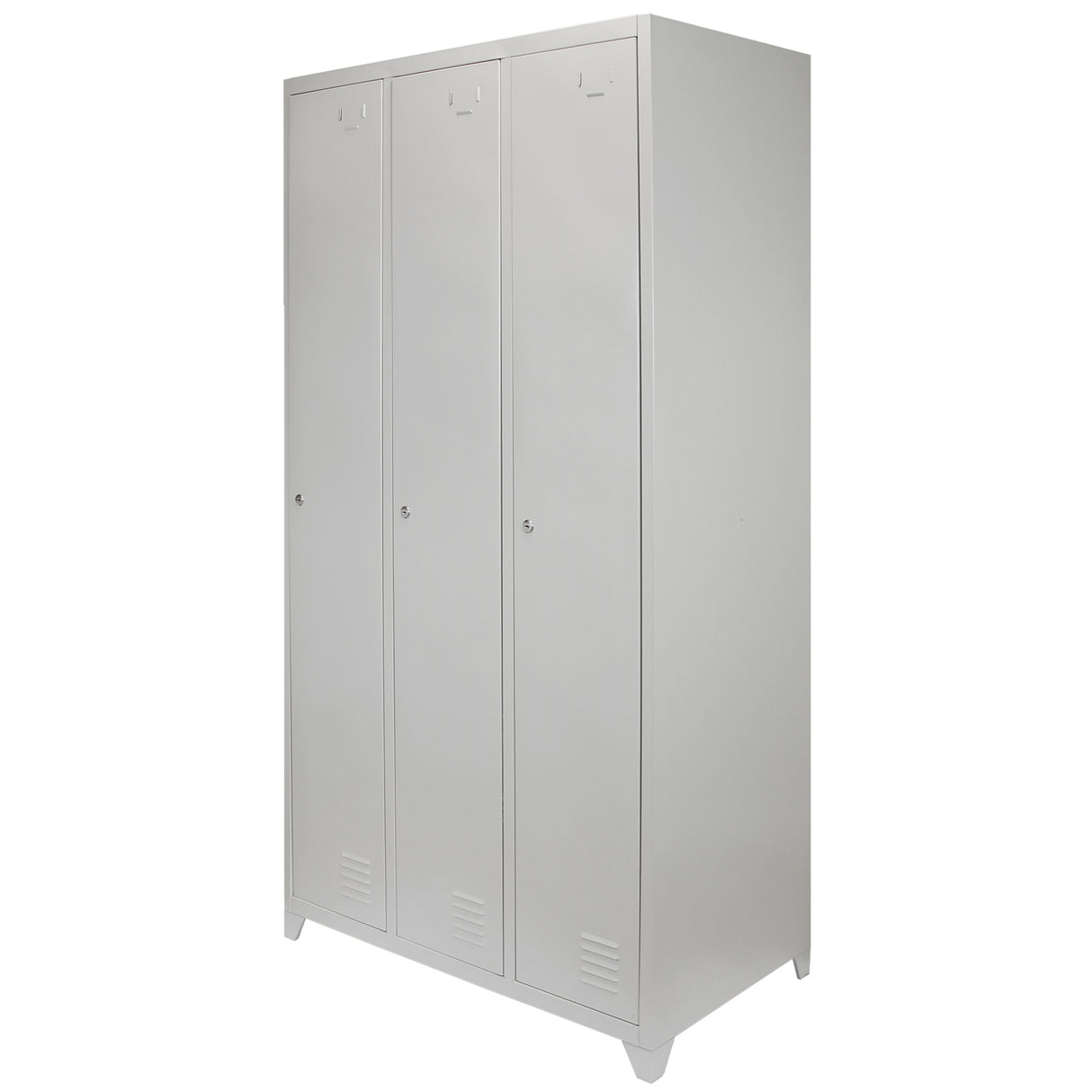 Casier de rangement en acier gris à trois portes, finition lisse, design moderne, idéal pour le stockage dans divers espaces