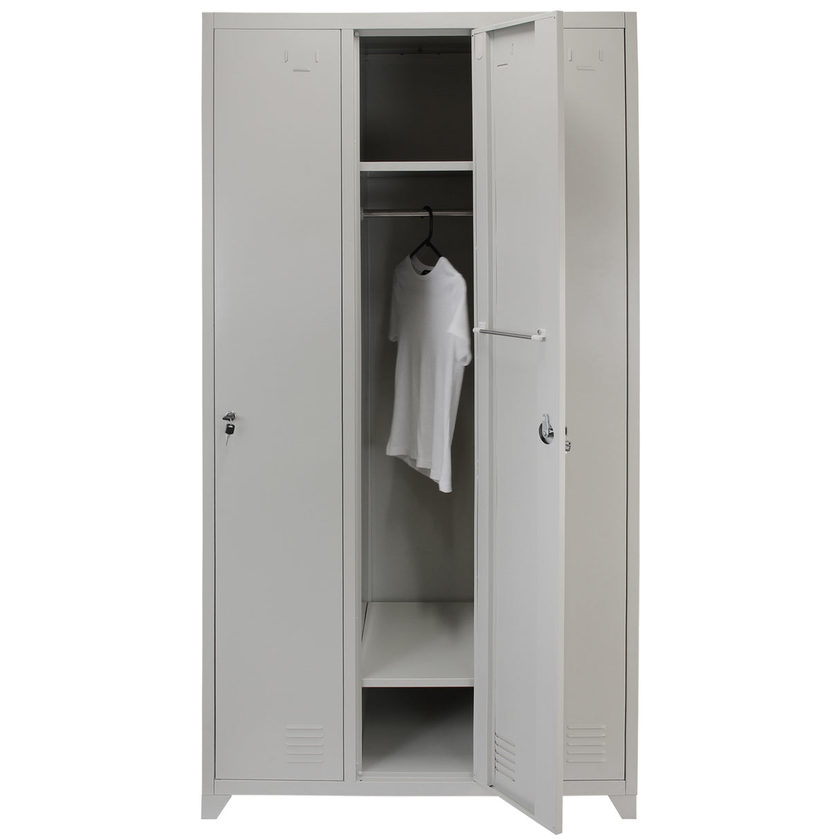 Casier de rangement en acier gris avec trois portes, intérieur spacieux et étagère, idéal pour le stockage organisé