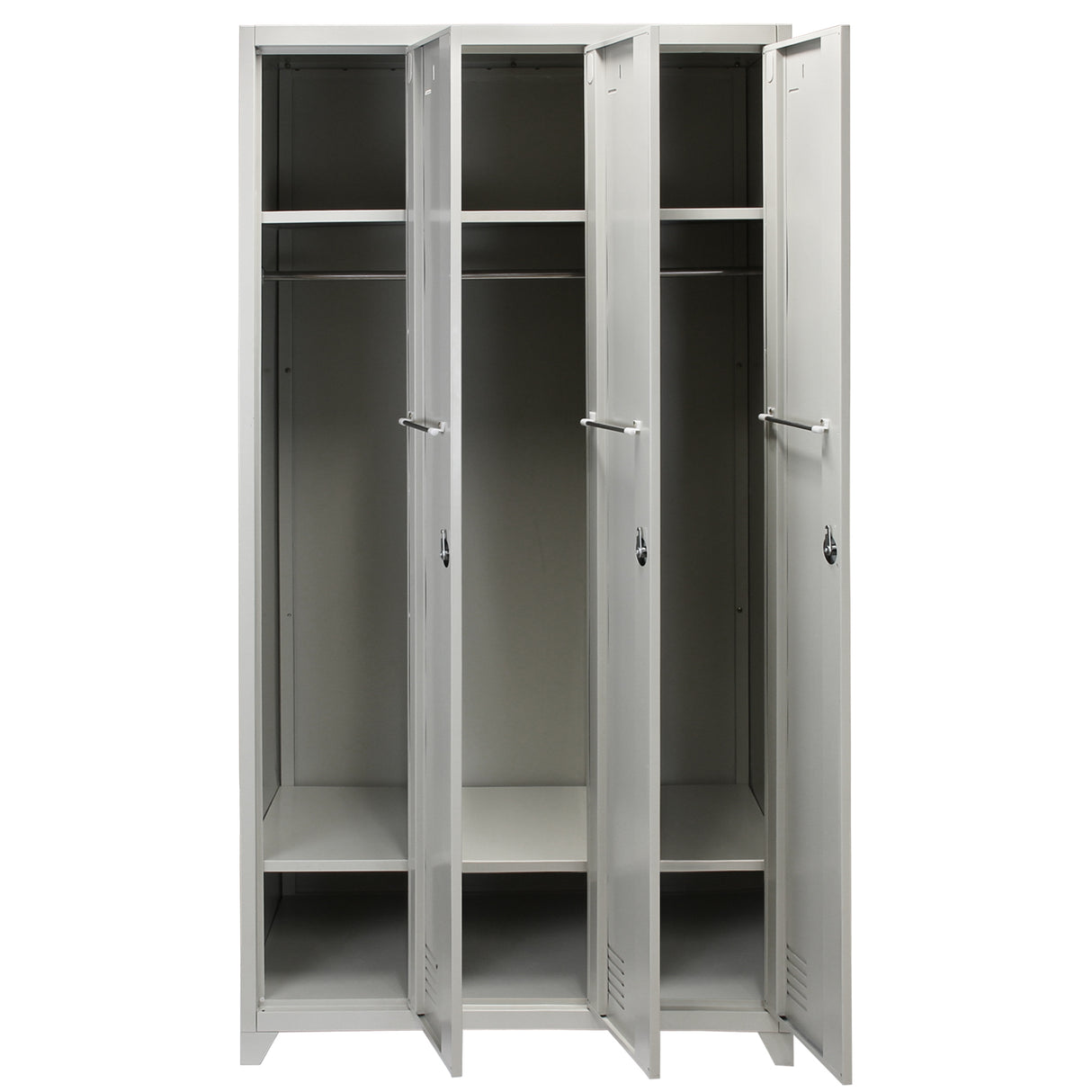 Casier de rangement en acier gris avec trois portes, intérieur spacieux et finition lisse, idéal pour l'organisation et le stockage