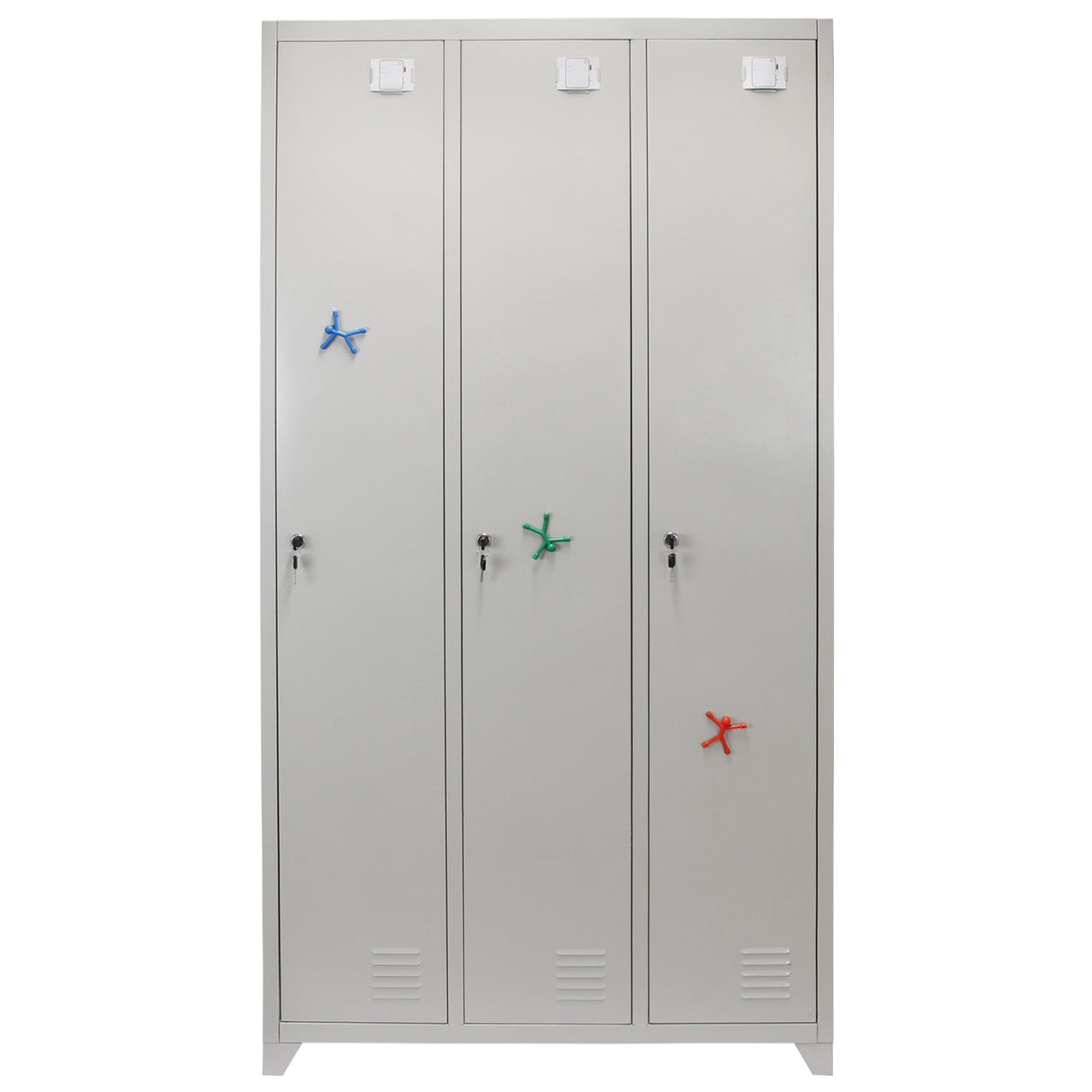 Casier de rangement en acier gris avec trois portes, décoré de poignées colorées vertes et rouges, finition lisse et moderne