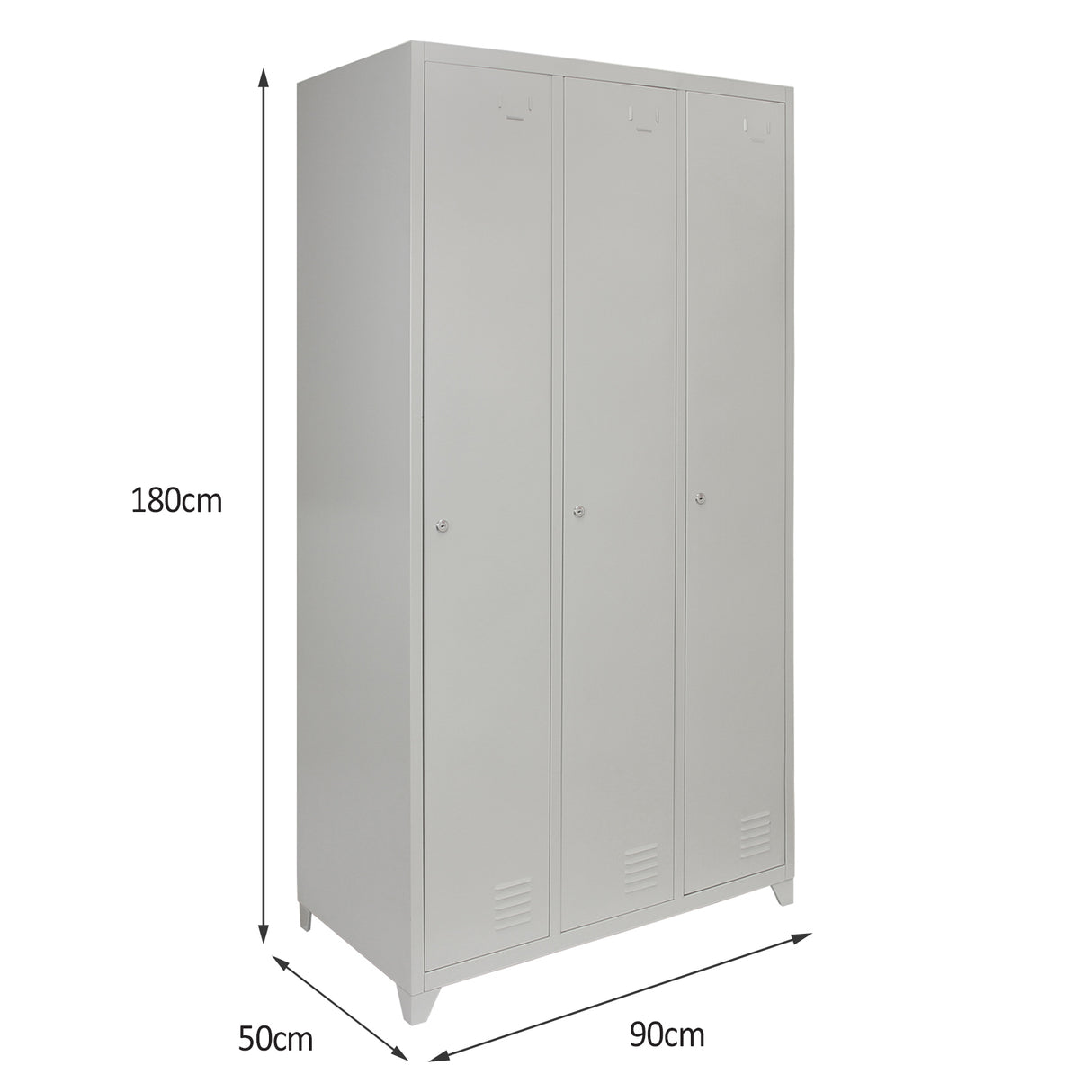 Casier de rangement en acier gris, trois portes, dimensions 180 cm de hauteur, 90 cm de largeur, 50 cm de profondeur, design moderne et épuré