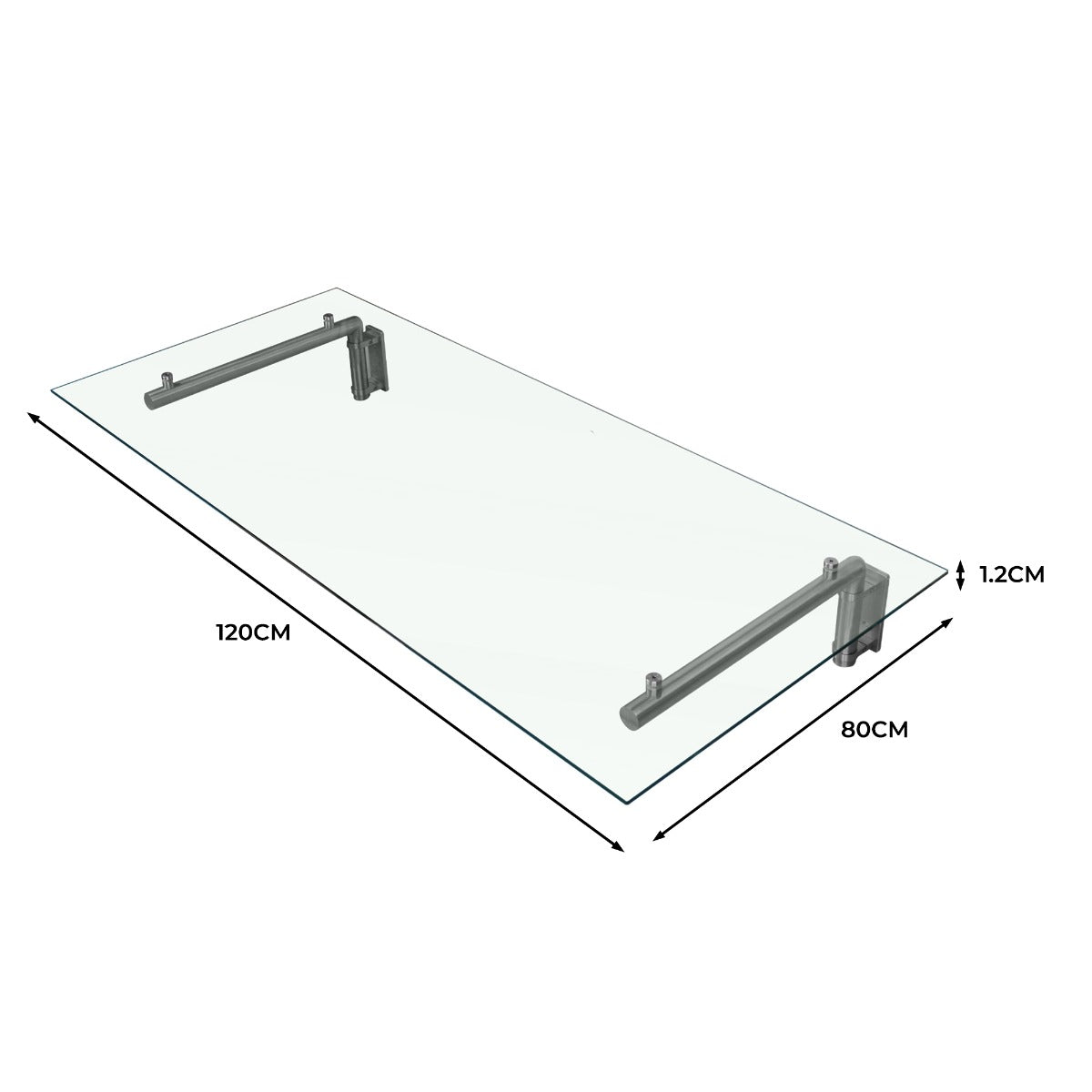 Auvent en verre transparent de 120 cm x 80 cm avec supports en métal argenté, surface lisse et moderne, idéal pour l'extérieur