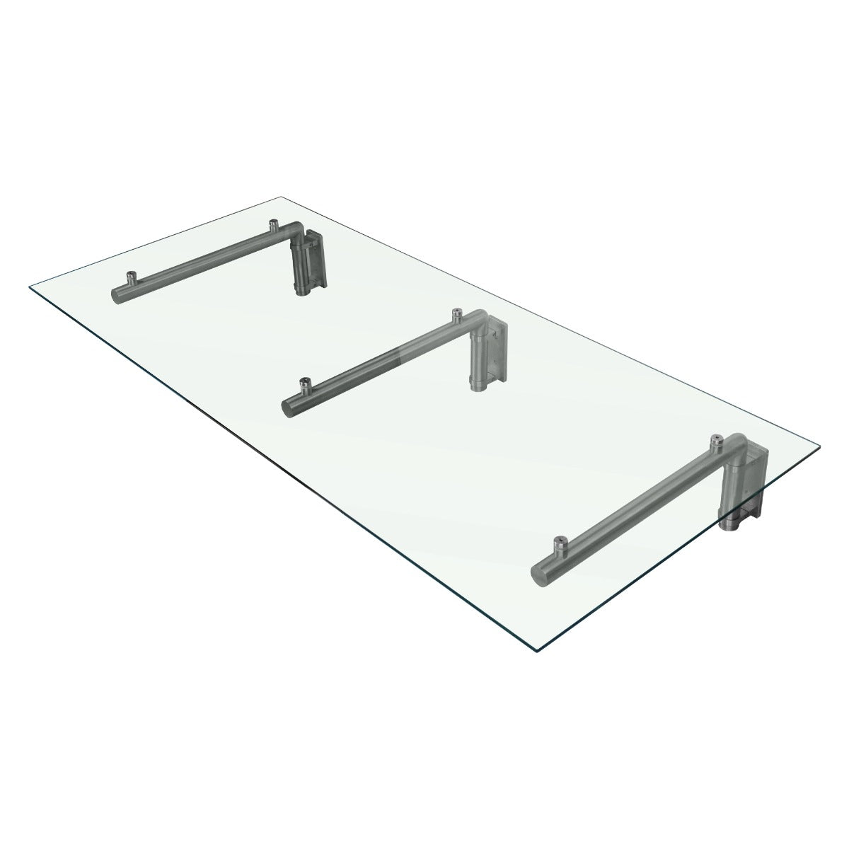 Auvent en verre transparent de 180 cm x 80 cm avec supports en métal argenté, offrant une finition moderne et élégante