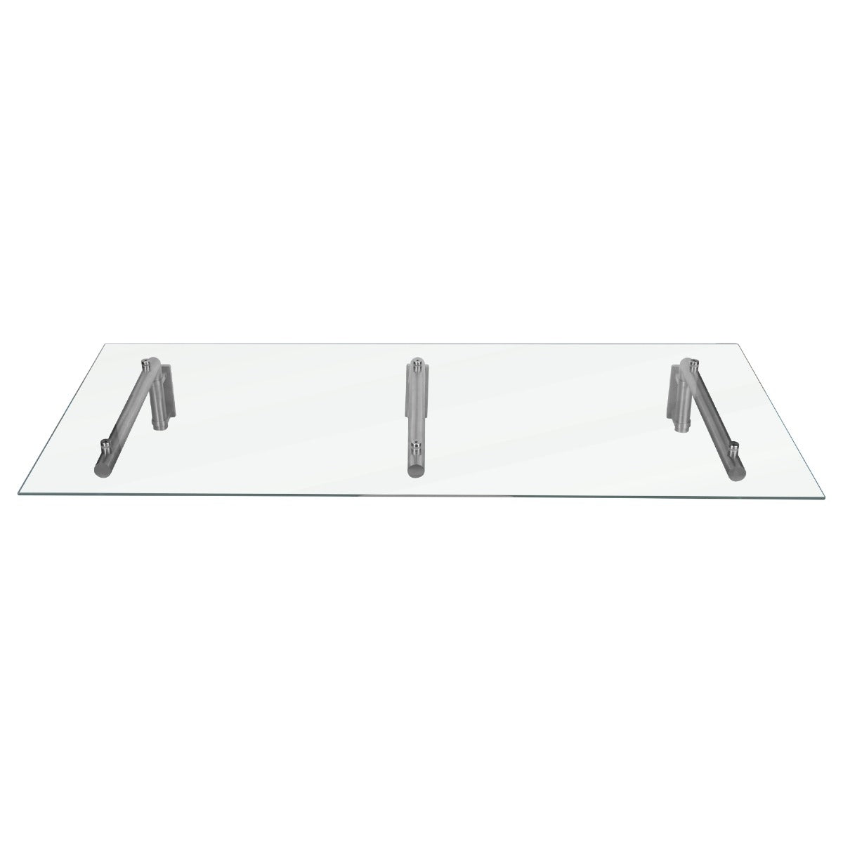 Auvent en verre transparent de 180 cm x 80 cm, avec supports en métal argenté, offrant une finition moderne et élégante