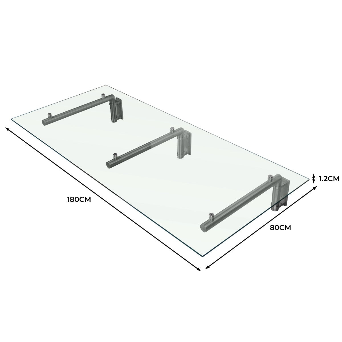 Auvent en verre transparent de 180 cm x 80 cm, avec supports en métal argenté, surface lisse et moderne, idéal pour l'extérieur