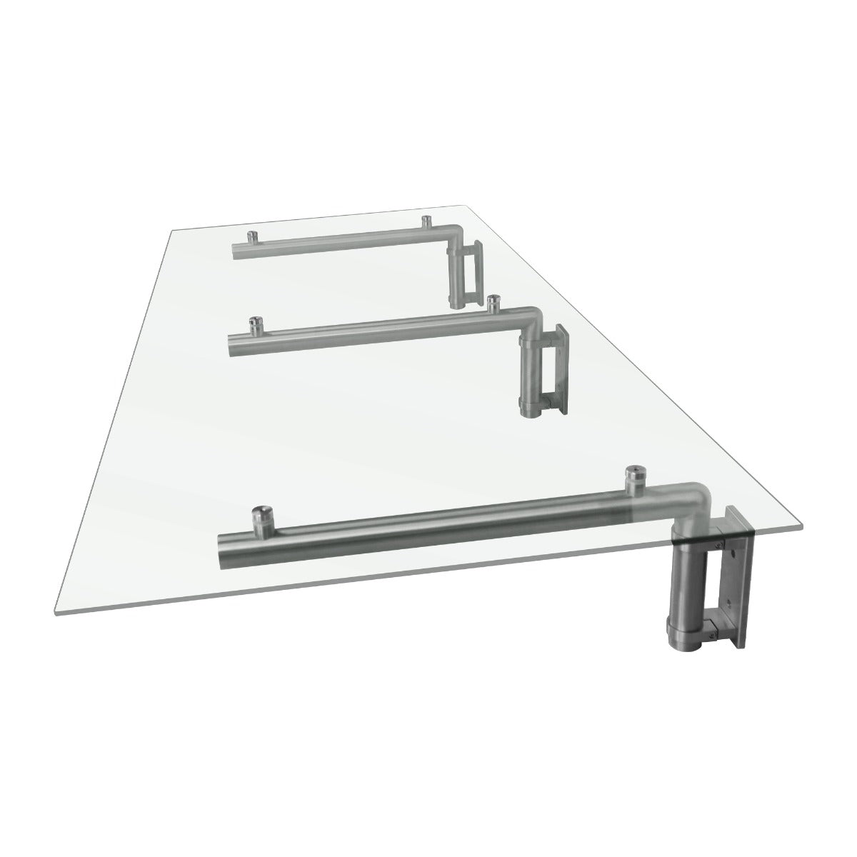 Auvent en verre transparent de 180 cm x 80 cm avec supports en métal argenté, offrant une finition moderne et élégante