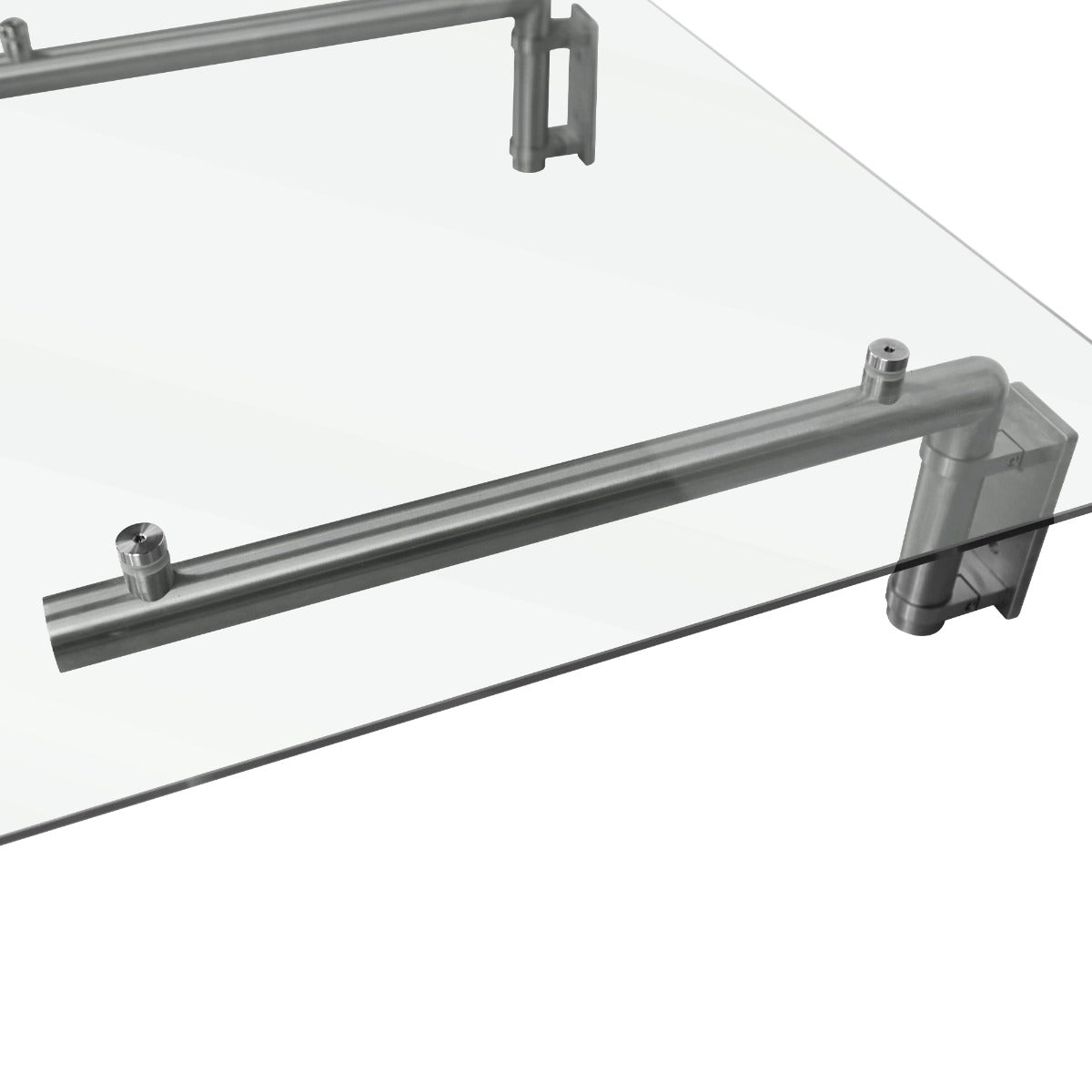 Auvent en verre transparent de 180 cm x 80 cm avec supports en métal argenté, offrant une finition moderne et élégante