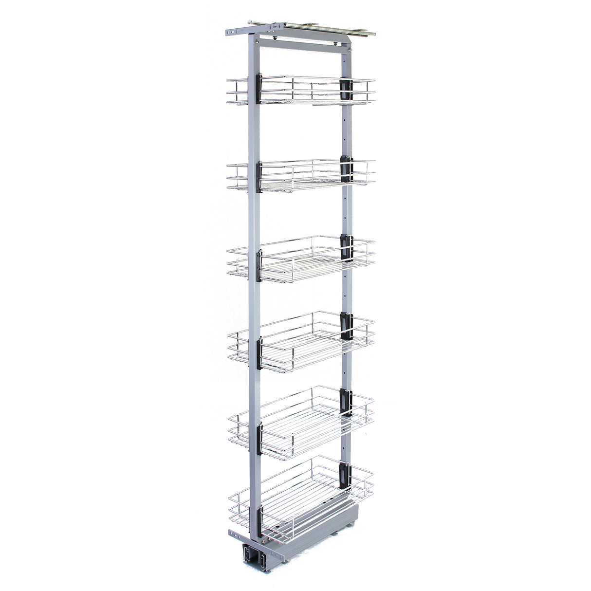 Garde-manger coulissant KuKoo en métal argenté, avec six paniers en fil métallique, idéal pour un rangement optimisé dans la cuisine