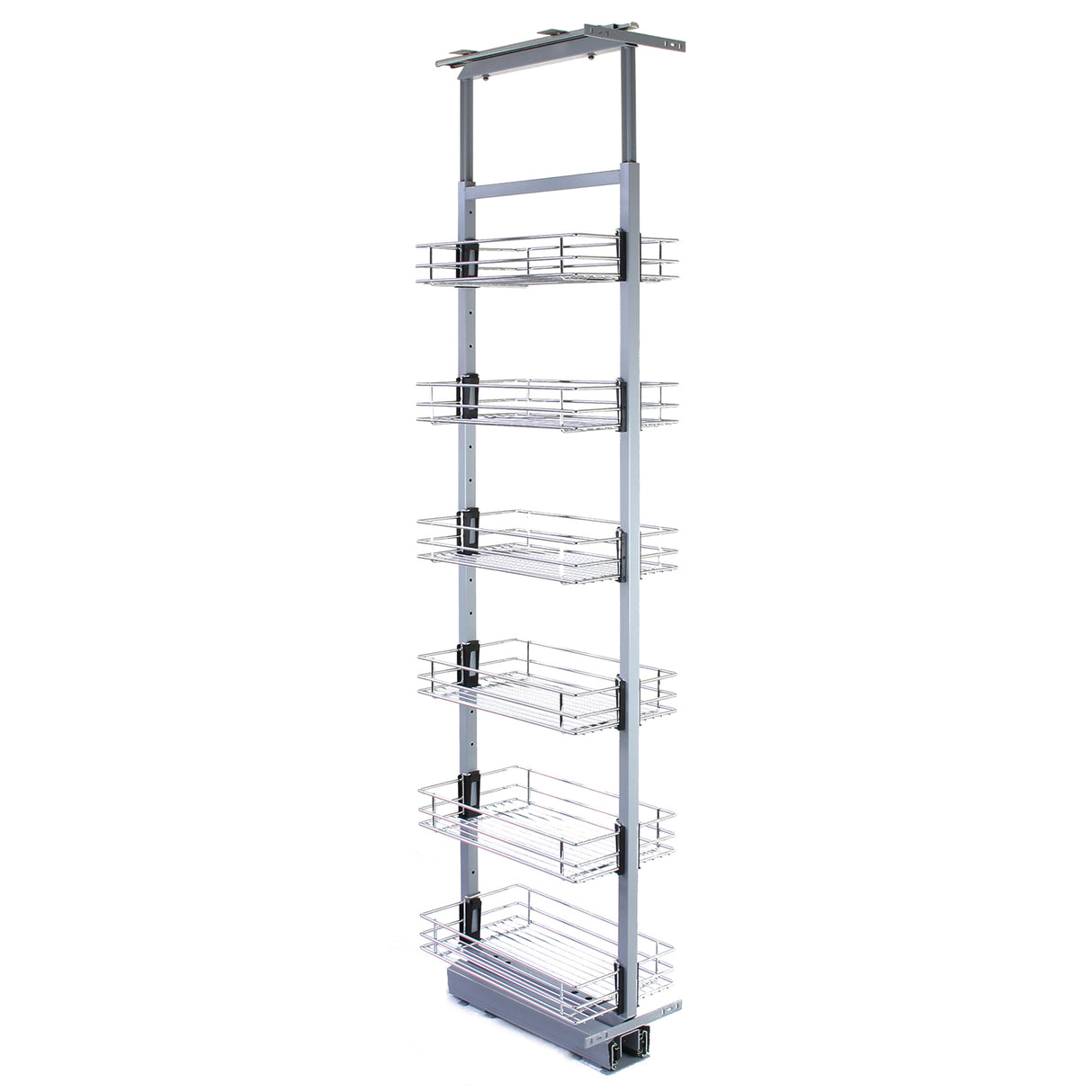 Garde-manger coulissant KuKoo en métal argenté avec six paniers transparents, idéal pour optimiser l'espace de rangement dans la cuisine