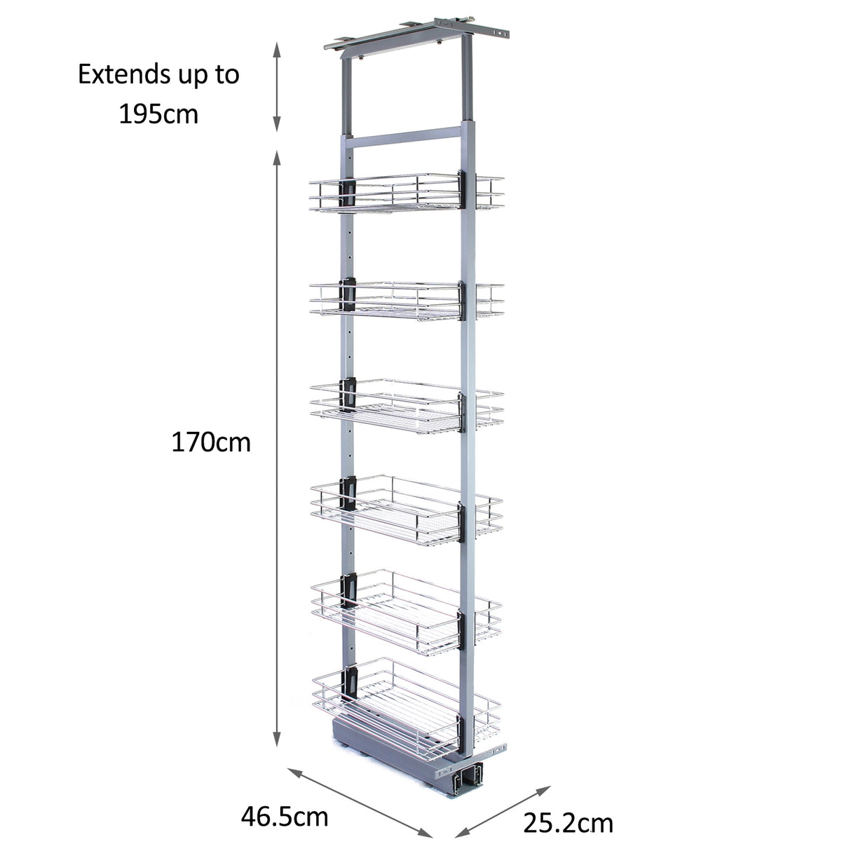 Garde-manger extensible en métal argenté, avec six étagères en fil, dimensions 170 à 195 cm, design moderne et pratique