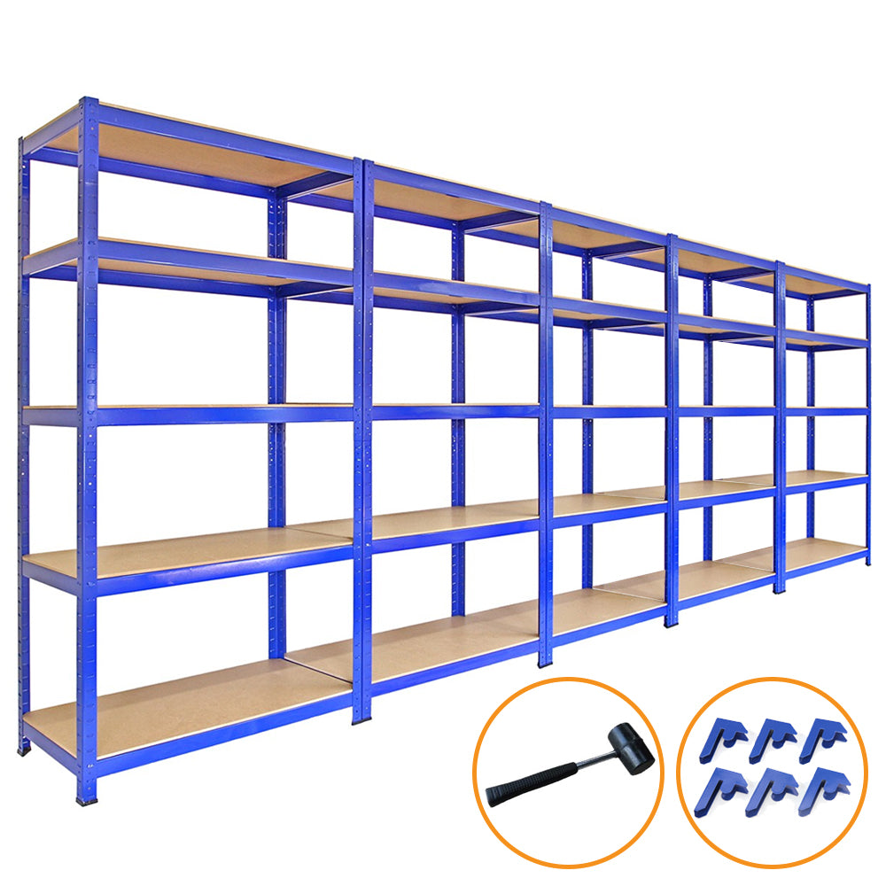Rayonnages T-Rax en acier bleu, dimensions 90cm x 45cm x 180cm, avec étagères en bois, maillet et connecteurs inclus