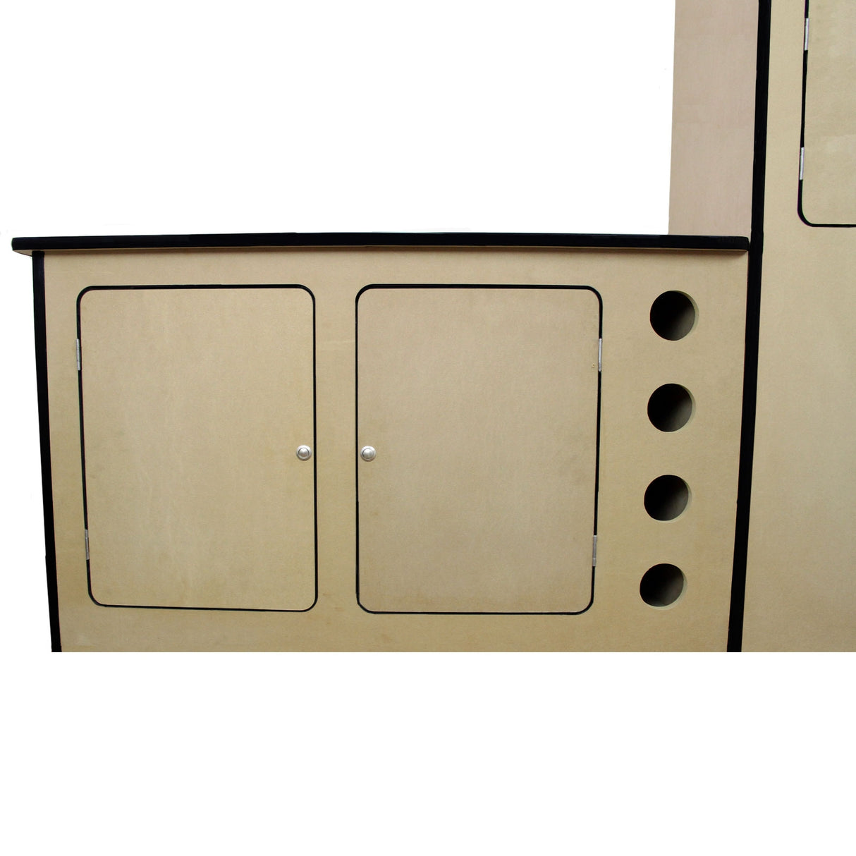 Doublure intérieure en feutre gris argenté avec unité de cuisine en MDF, surface lisse, portes à deux compartiments et trous ronds décoratifs