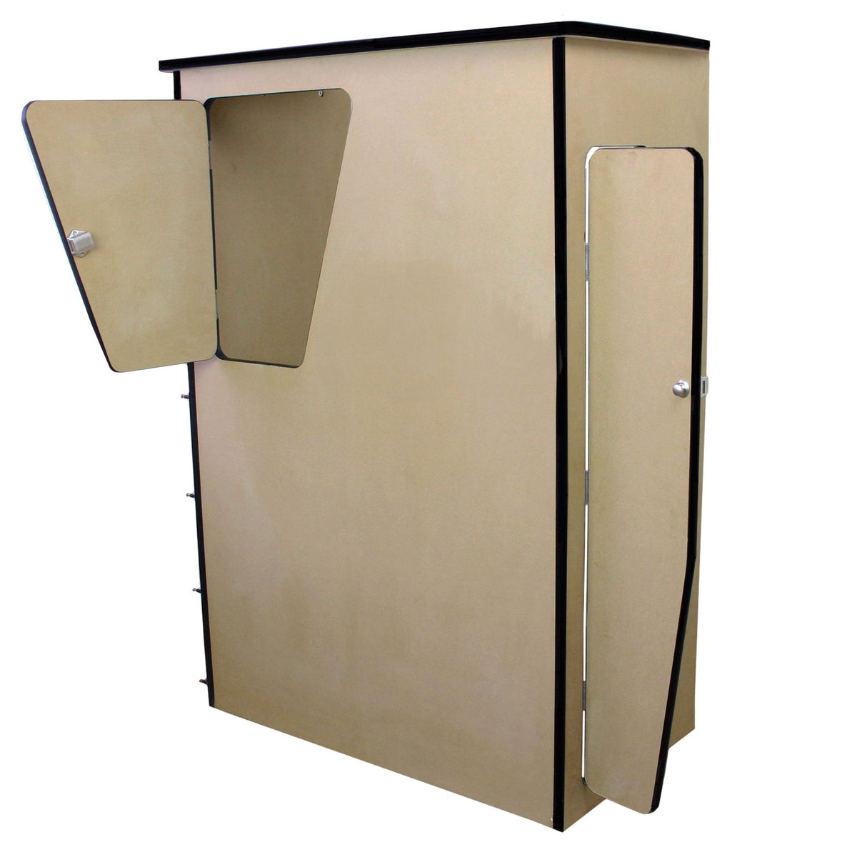 Doublure intérieure en feutre gris argenté avec unité de cuisine en MDF, design moderne et épuré, portes élégantes et fonctionnelles