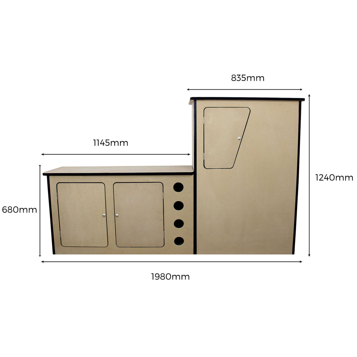 Doublure intérieure en feutre gris anthracite avec unité de cuisine en MDF, dimensions indiquées, design moderne et fonctionnel pour campervan