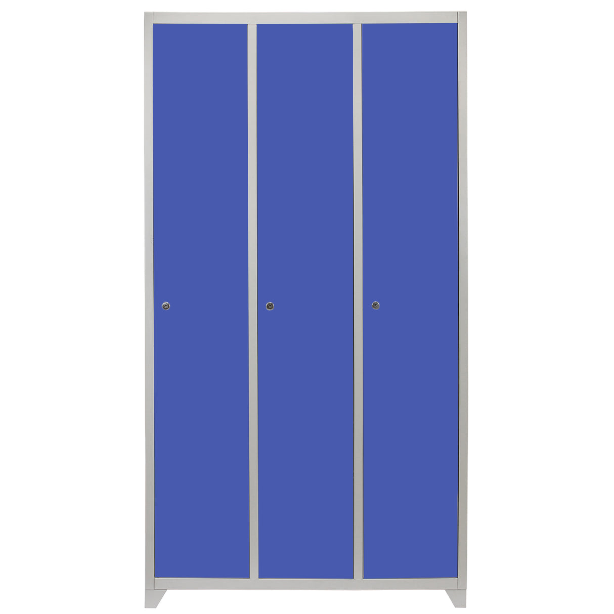 Casier de rangement en acier bleu avec trois portes, finition lisse, cadre argenté, idéal pour un espace organisé et moderne