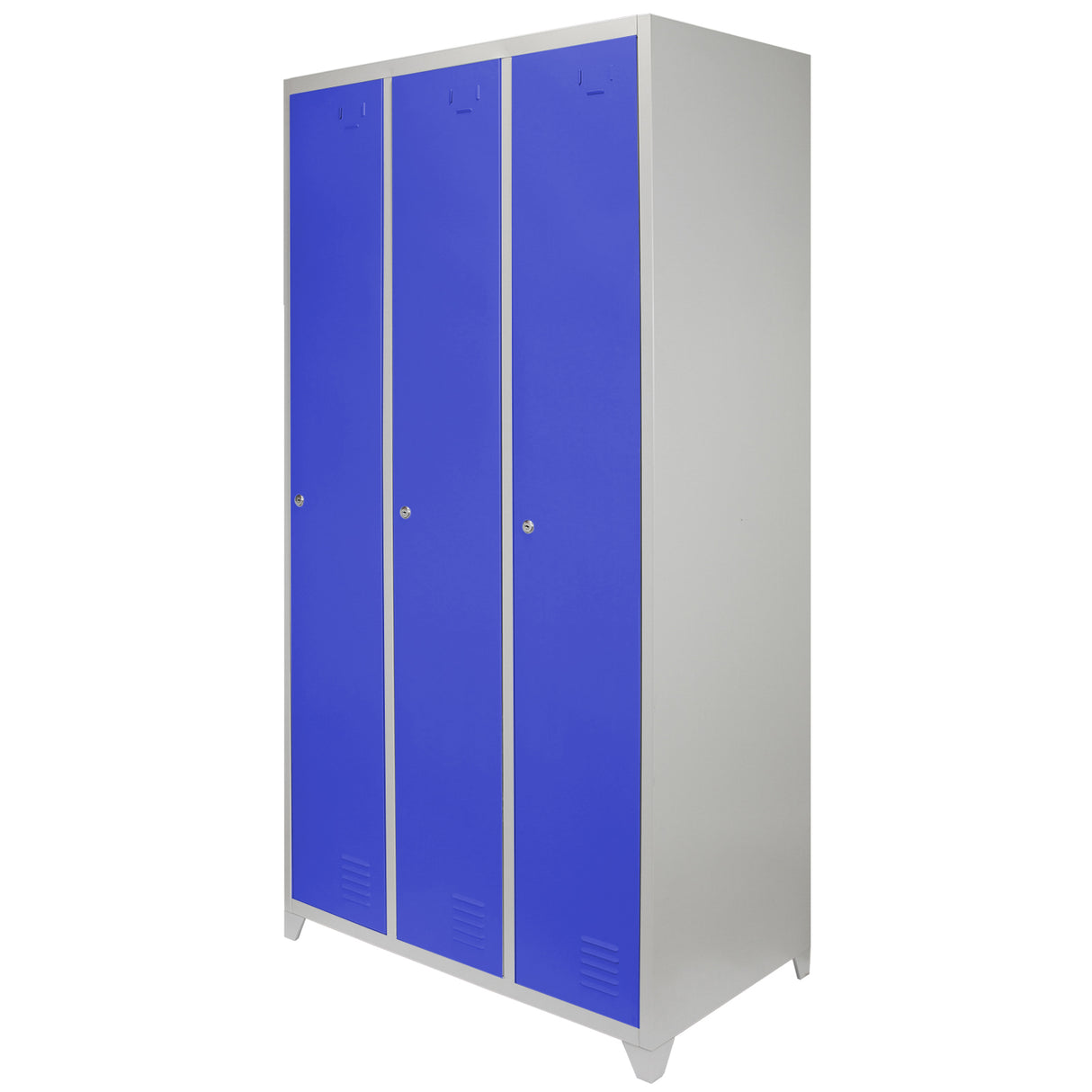 Casier de rangement en acier avec trois portes bleues, finition lisse, design moderne et pieds en métal argenté pour stabilité