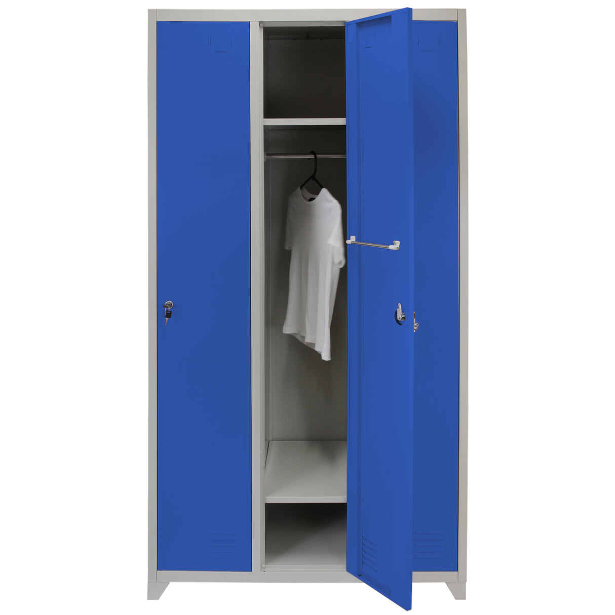 Casier de rangement en acier bleu avec trois portes, intérieur spacieux et étagère, idéal pour le stockage organisé et sécurisé