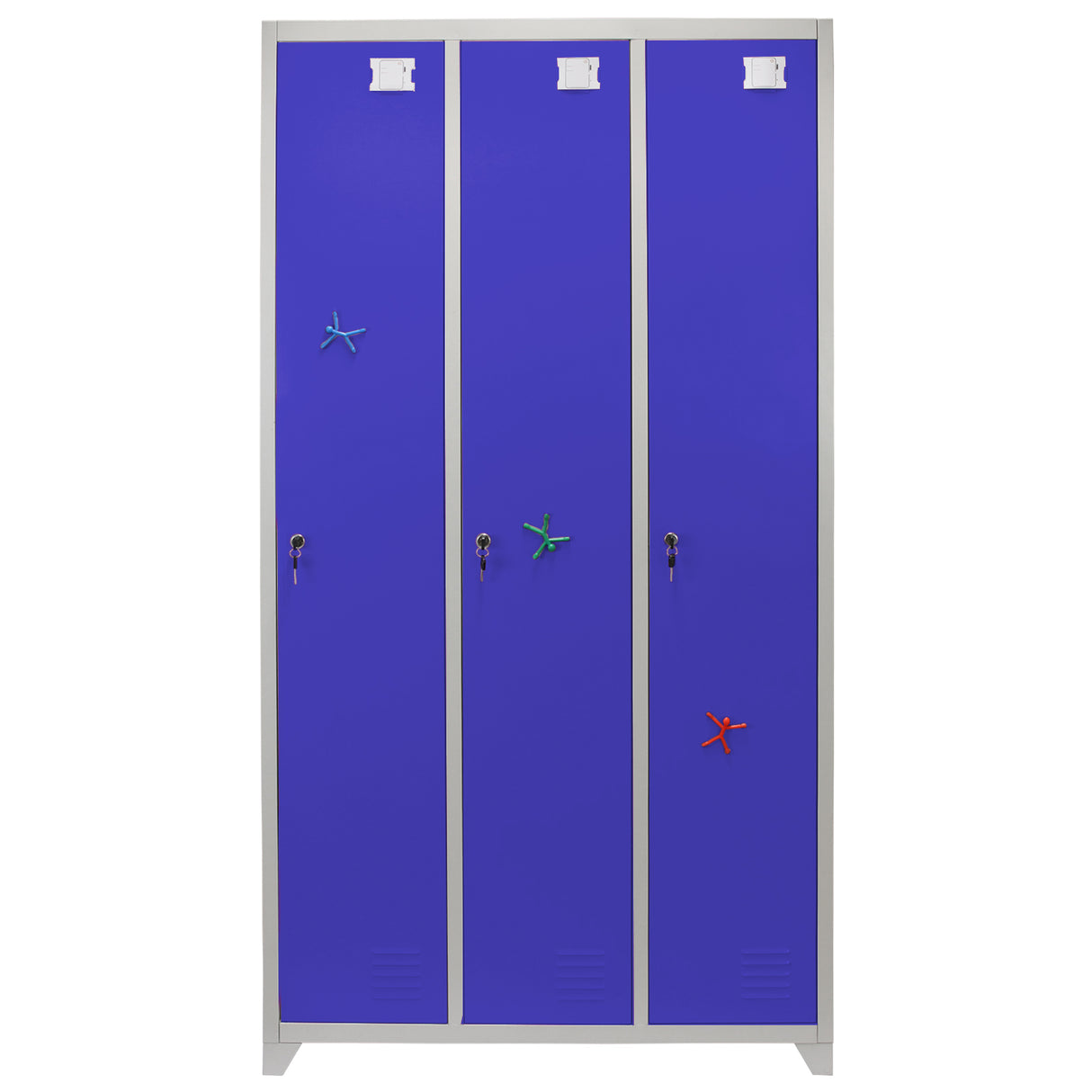 Casier de rangement en acier bleu avec trois portes, décoré d'étoiles colorées, finition lisse et moderne, idéal pour le stockage