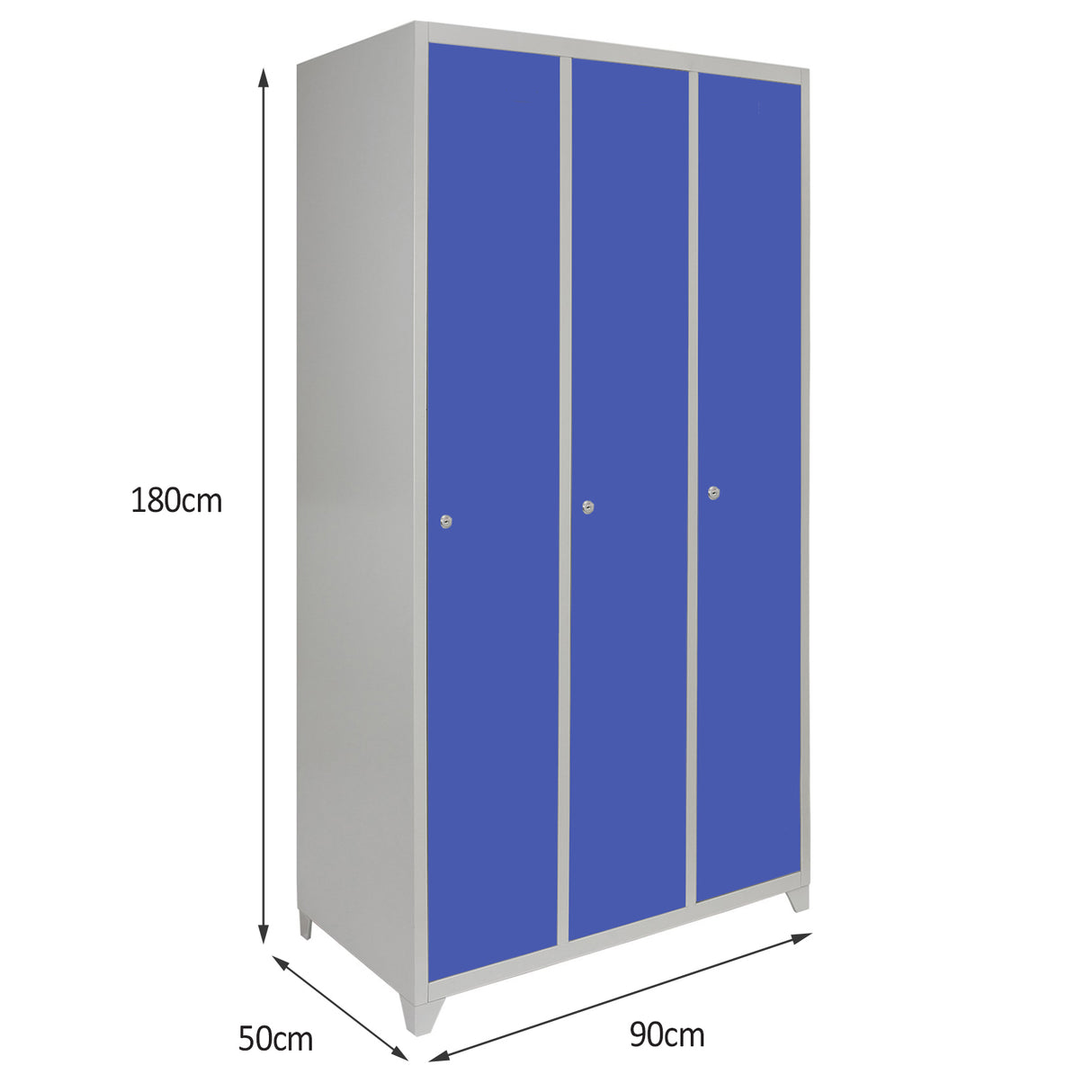 Casier de rangement en acier bleu avec trois portes, dimensions 180 cm de hauteur, 90 cm de largeur et 50 cm de profondeur, finition lisse