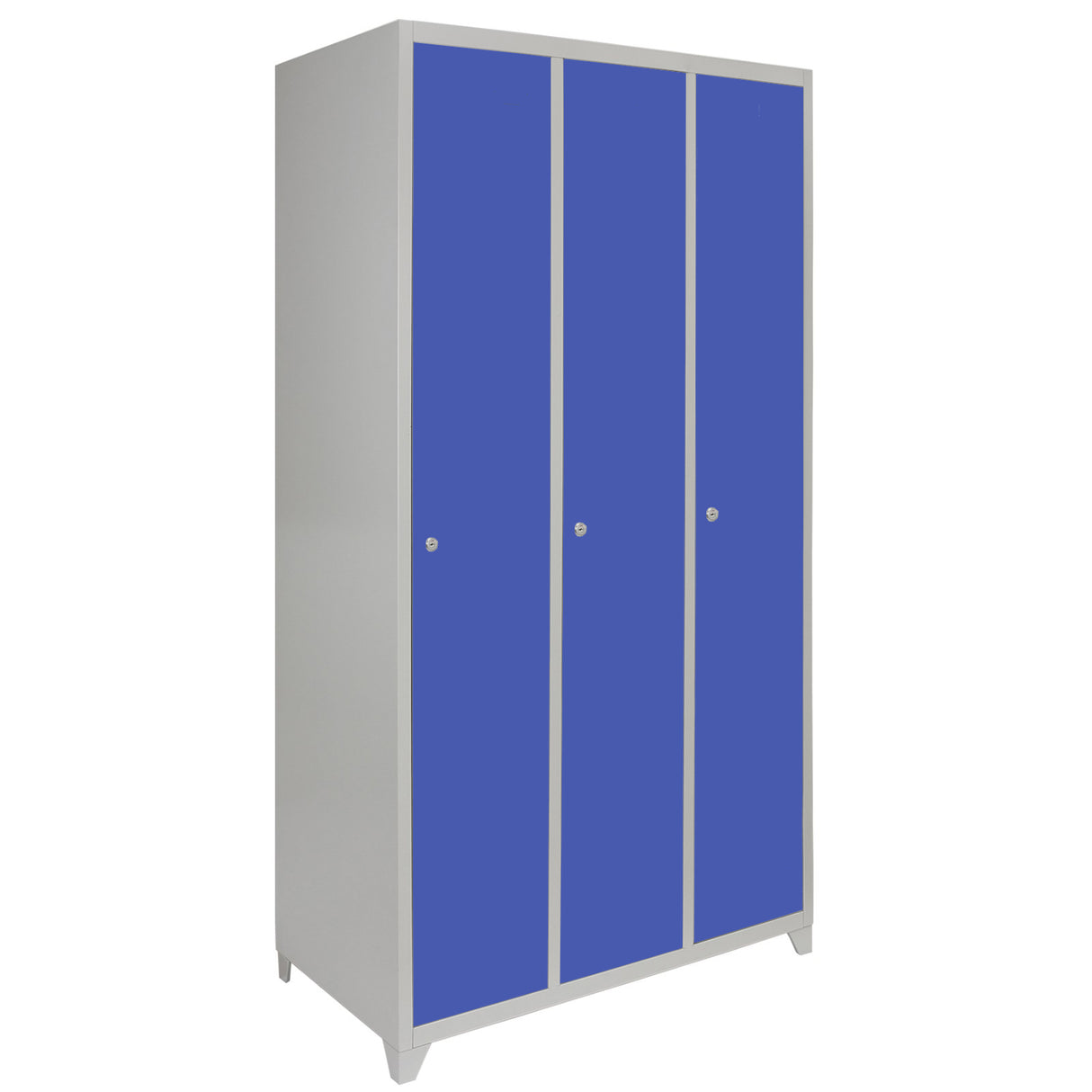 Casier de rangement en acier avec trois portes bleu vif, finition lisse, design moderne et robuste, idéal pour l'organisation