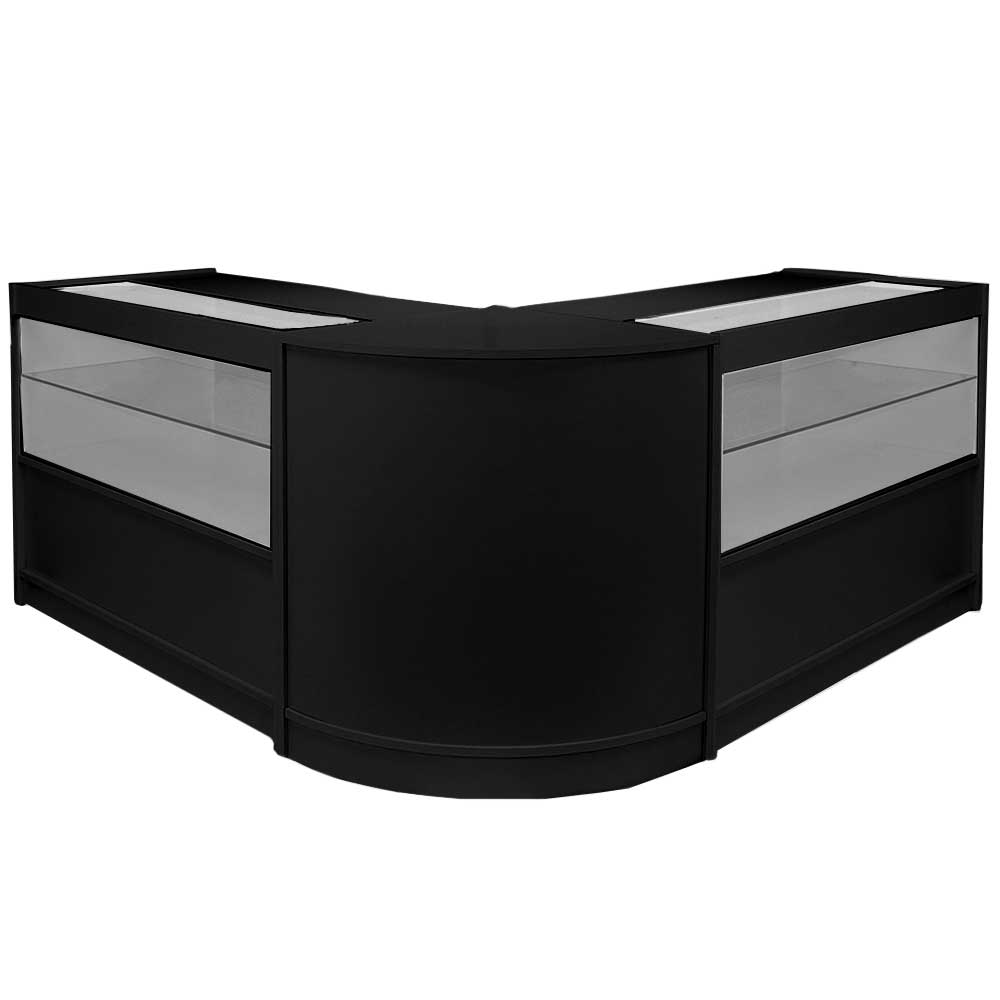 Ensemble de comptoirs de vente Gemini en noir, design moderne avec surfaces vitrées et finitions lisses, idéal pour les boutiques