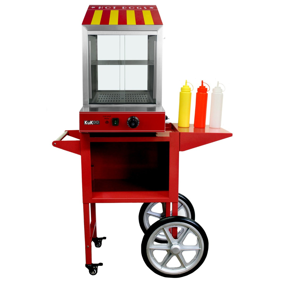 Cuiseur vapeur commercial KuKoo pour hot dogs, chariot rouge avec accessoires, fenêtres en verre, et bouteilles de condiments jaune et rouge