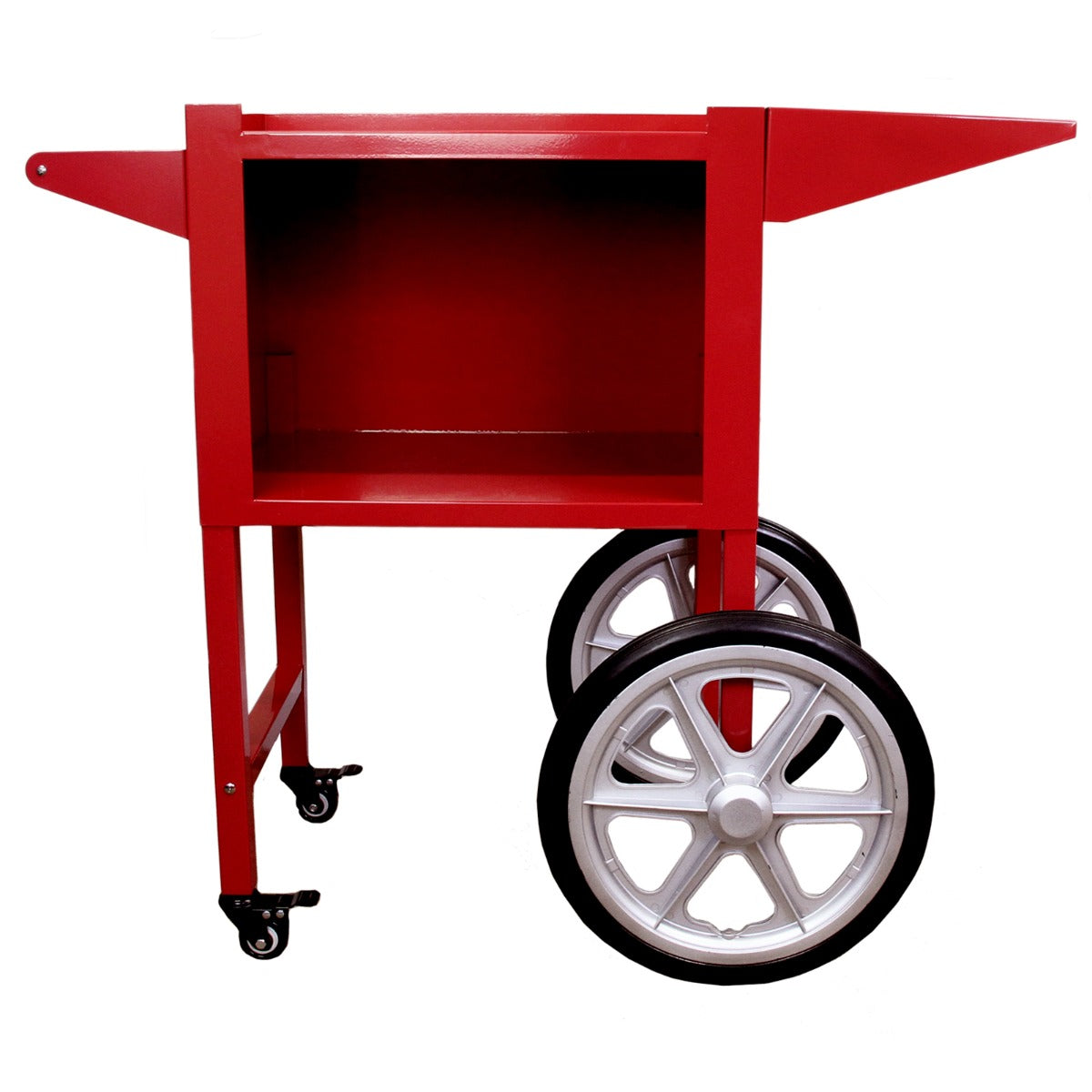 Chariot rouge en métal avec roues blanches, conçu pour un cuiseur vapeur de hot-dogs, offrant un espace de rangement pratique