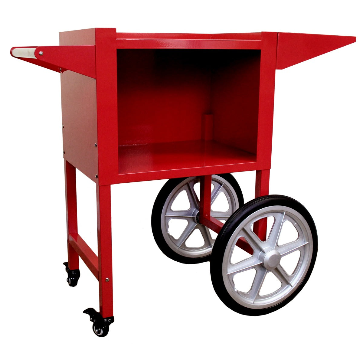 Chariot rouge en métal avec roues blanches, conçu pour le cuiseur vapeur commercial de hot dogs, offrant un espace de rangement pratique