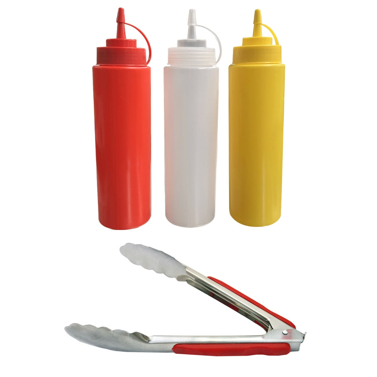 Trois bouteilles de condiments en plastique rouge, blanc et jaune, accompagnées de pinces en acier inoxydable avec poignées rouges