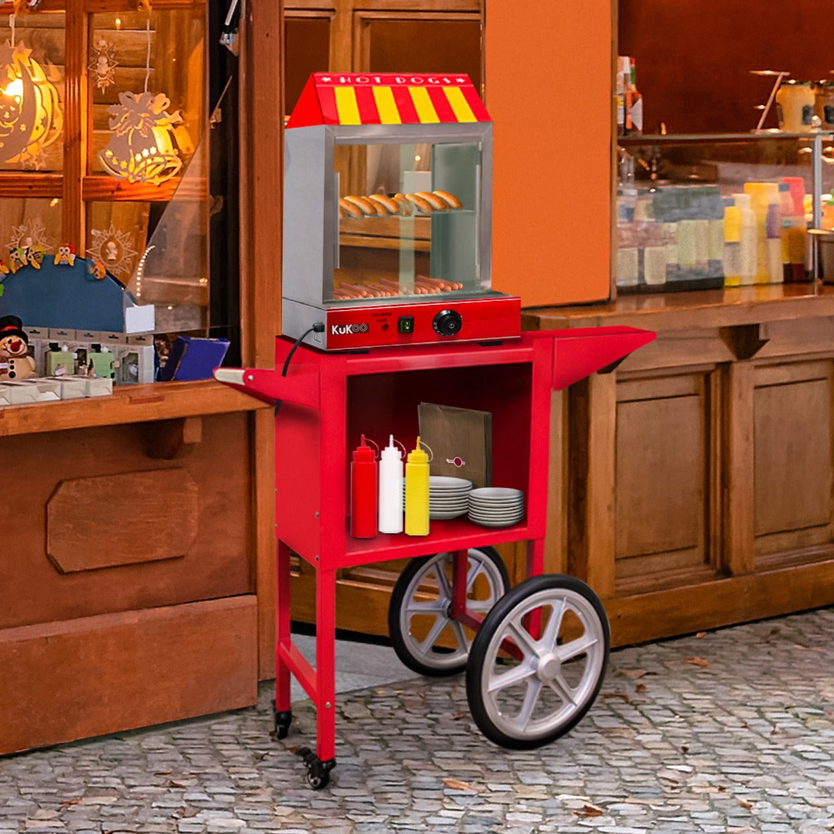 Chariot rouge KuKoo avec cuiseur vapeur pour hot dogs, vitrine en verre, accessoires de condiments et assiettes sur étagère