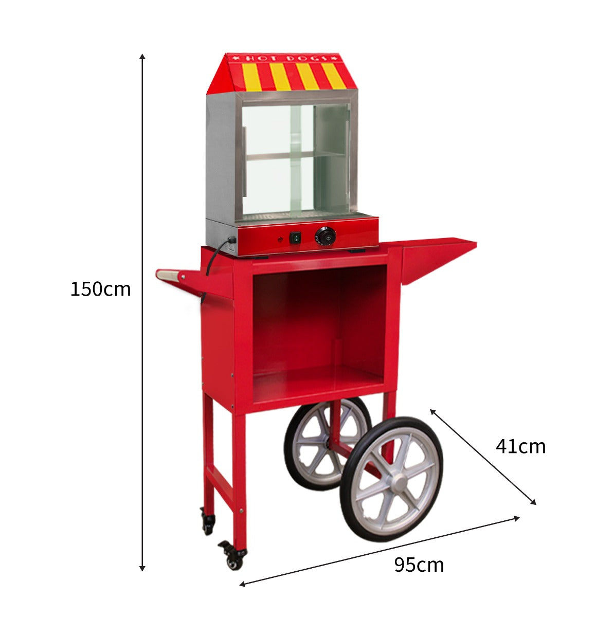 Cuiseur vapeur commercial pour hot dog avec chariot rouge, fenêtres transparentes, roues blanches et espace de rangement en dessous